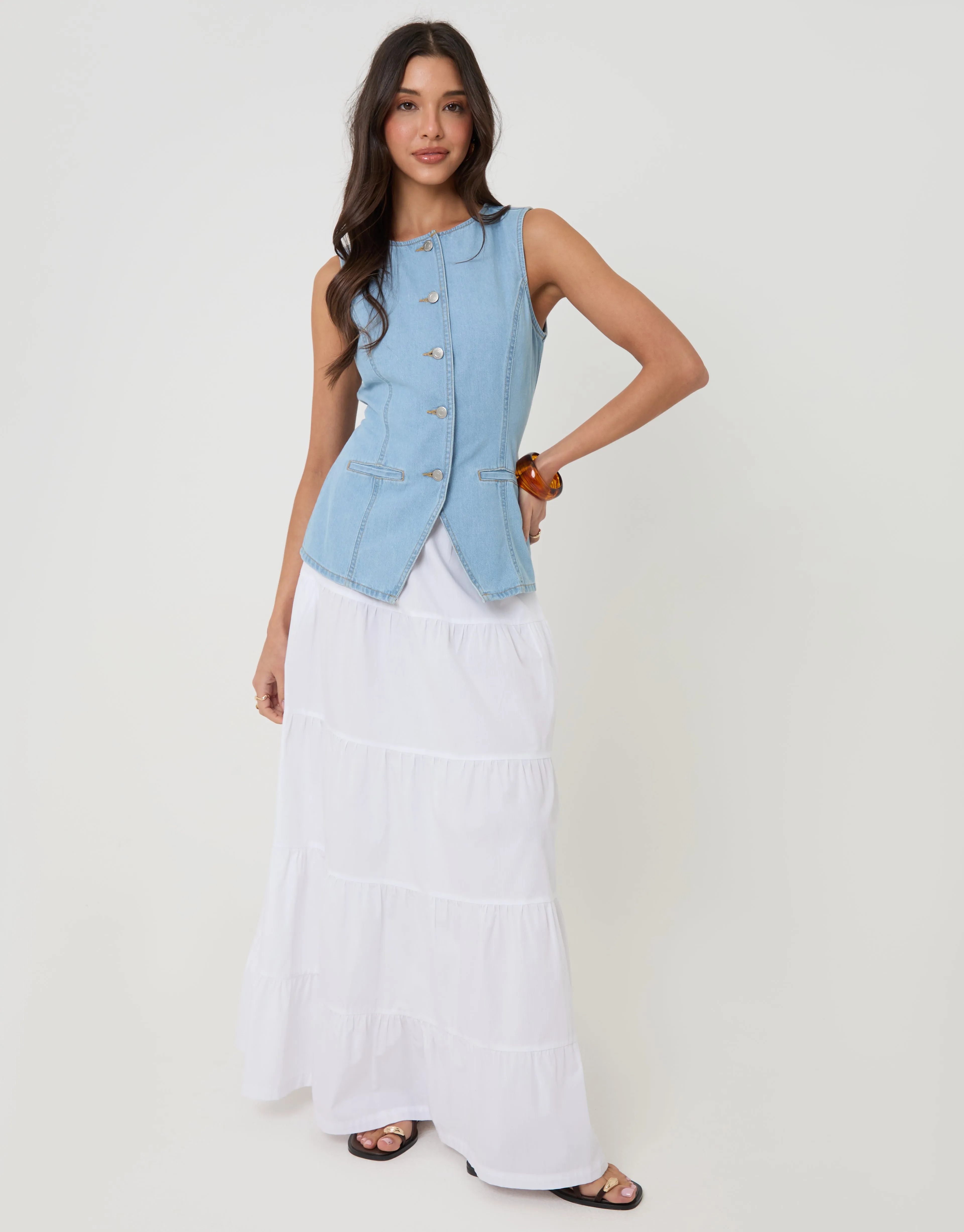 Denim Longline Waistcoat in Light Wash sold by Threadbare product image thumbnail 3