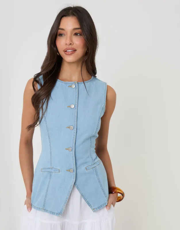 Light Wash Denim Longline Waistcoat made by Threadbare