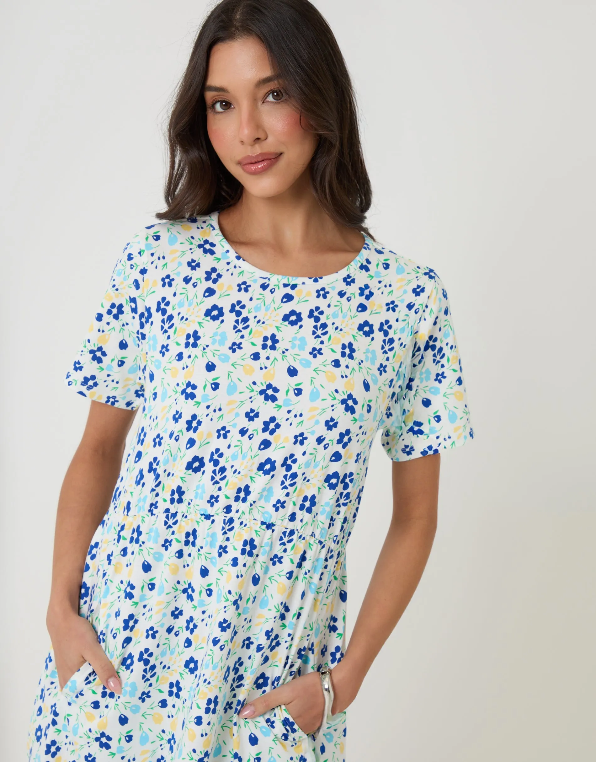 White Floral Jersey Midi Smock Dress with Pockets sold by Threadbare product image thumbnail 2