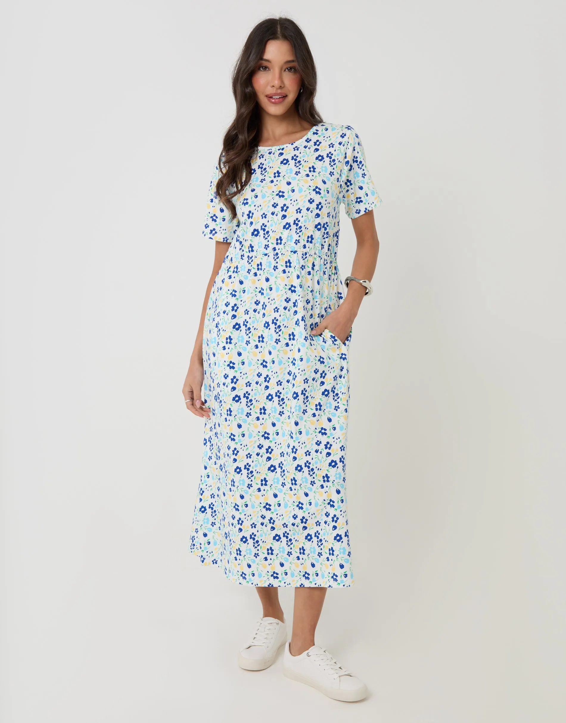 White Floral Jersey Midi Smock Dress with Pockets sold by Threadbare product image thumbnail 3