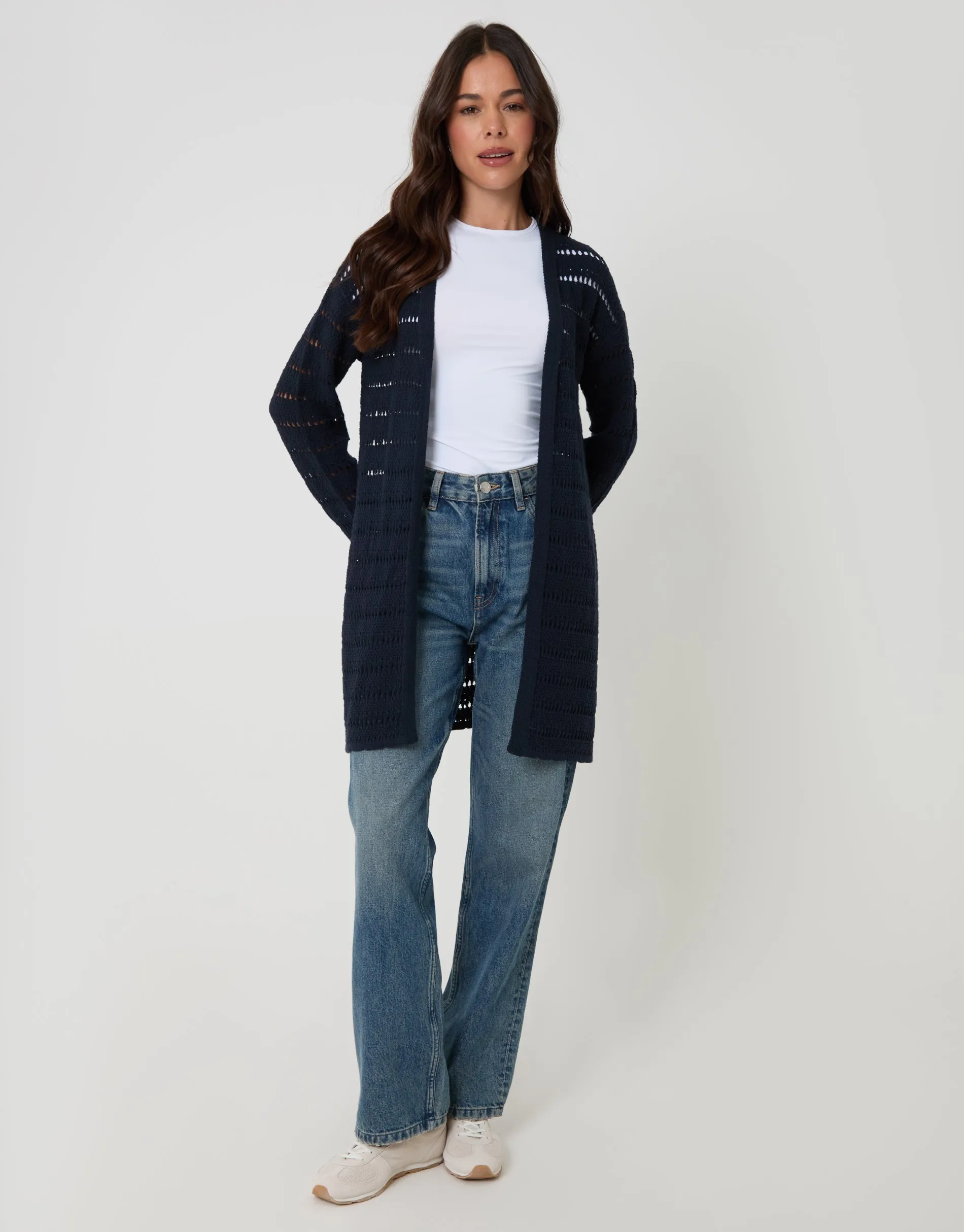 Navy Pointelle Knit Longline Cardigan sold by Threadbare product image thumbnail 3