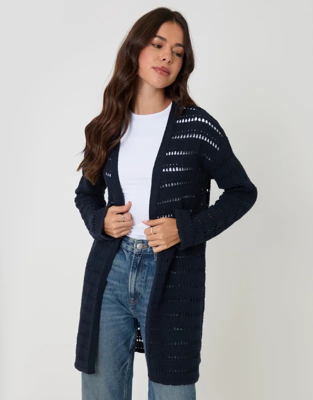 Navy Pointelle Knit Longline Cardigan made by Threadbare
