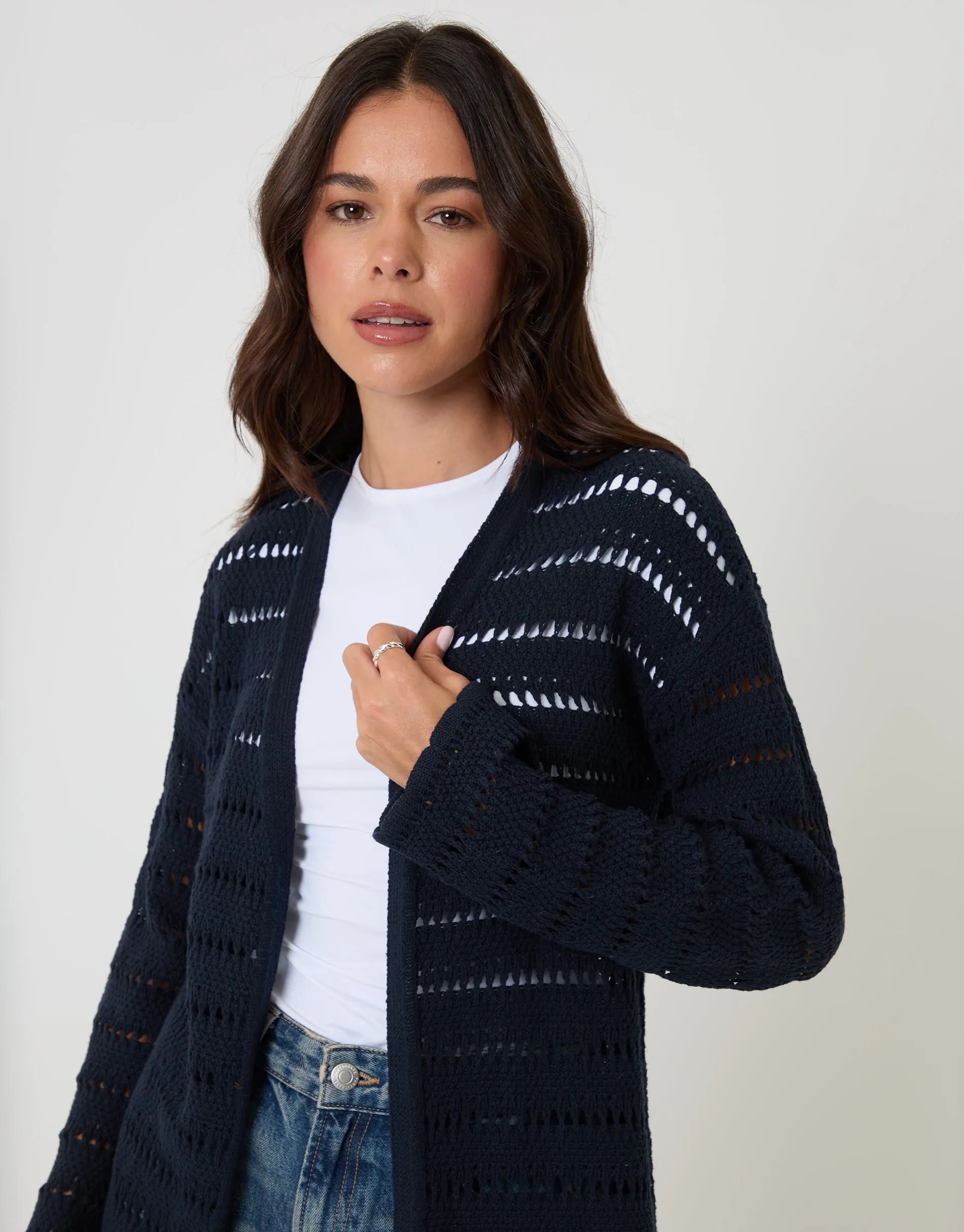 Navy Pointelle Knit Longline Cardigan sold by Threadbare product image thumbnail 4