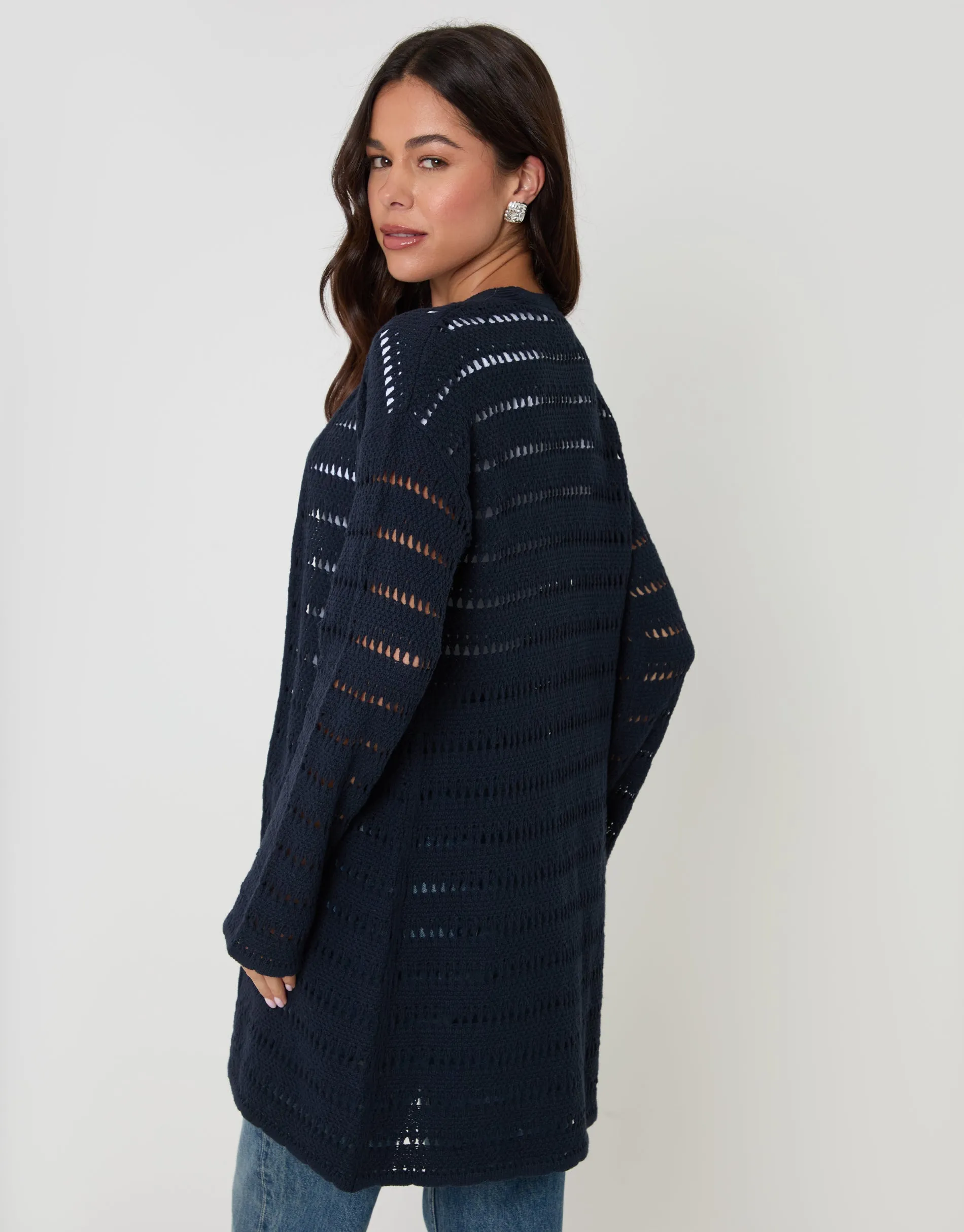 Navy Pointelle Knit Longline Cardigan sold by Threadbare product image thumbnail 2