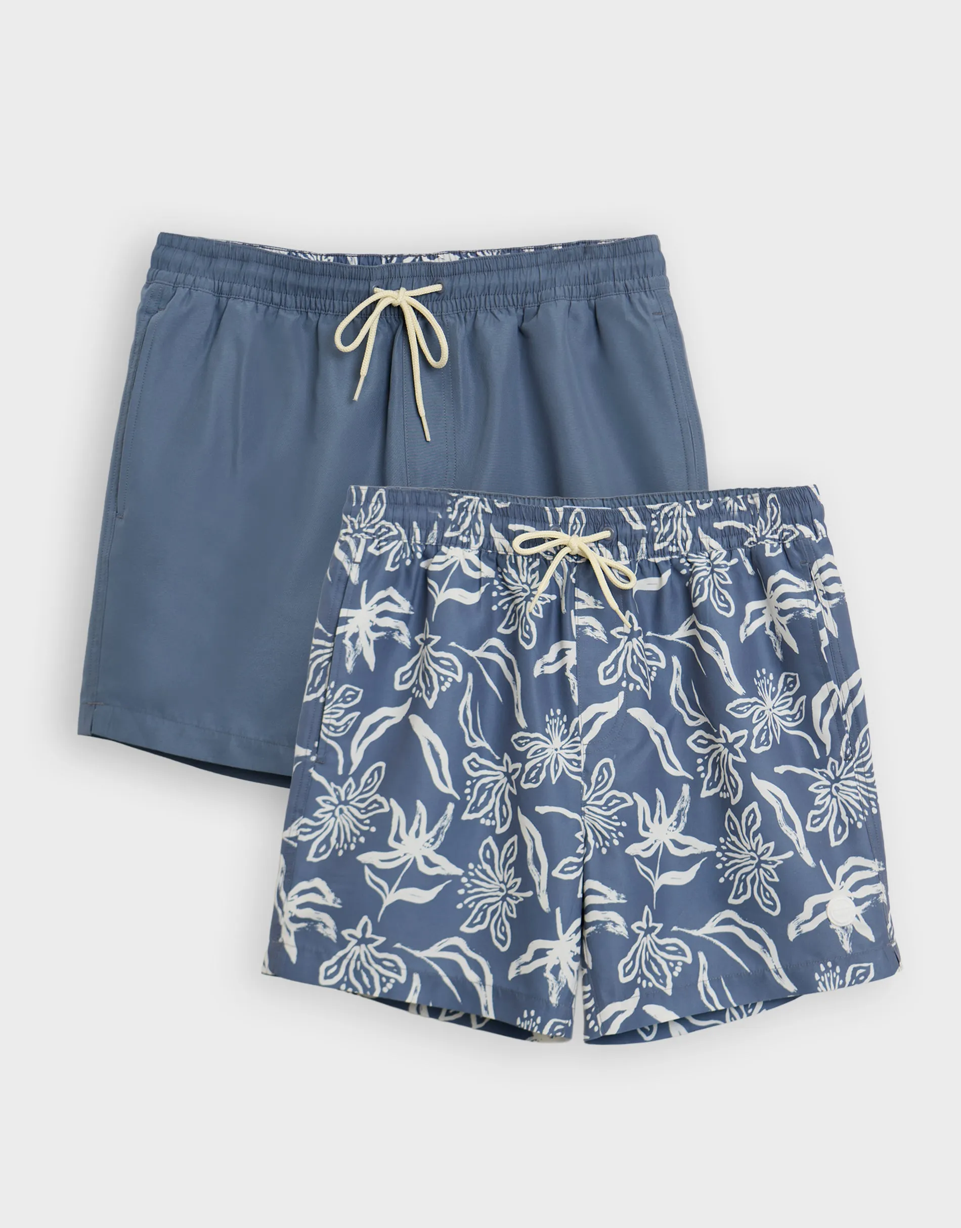 2 Pack Denim Blue Tropical Print Quick Dry Swim Shorts sold by Threadbare