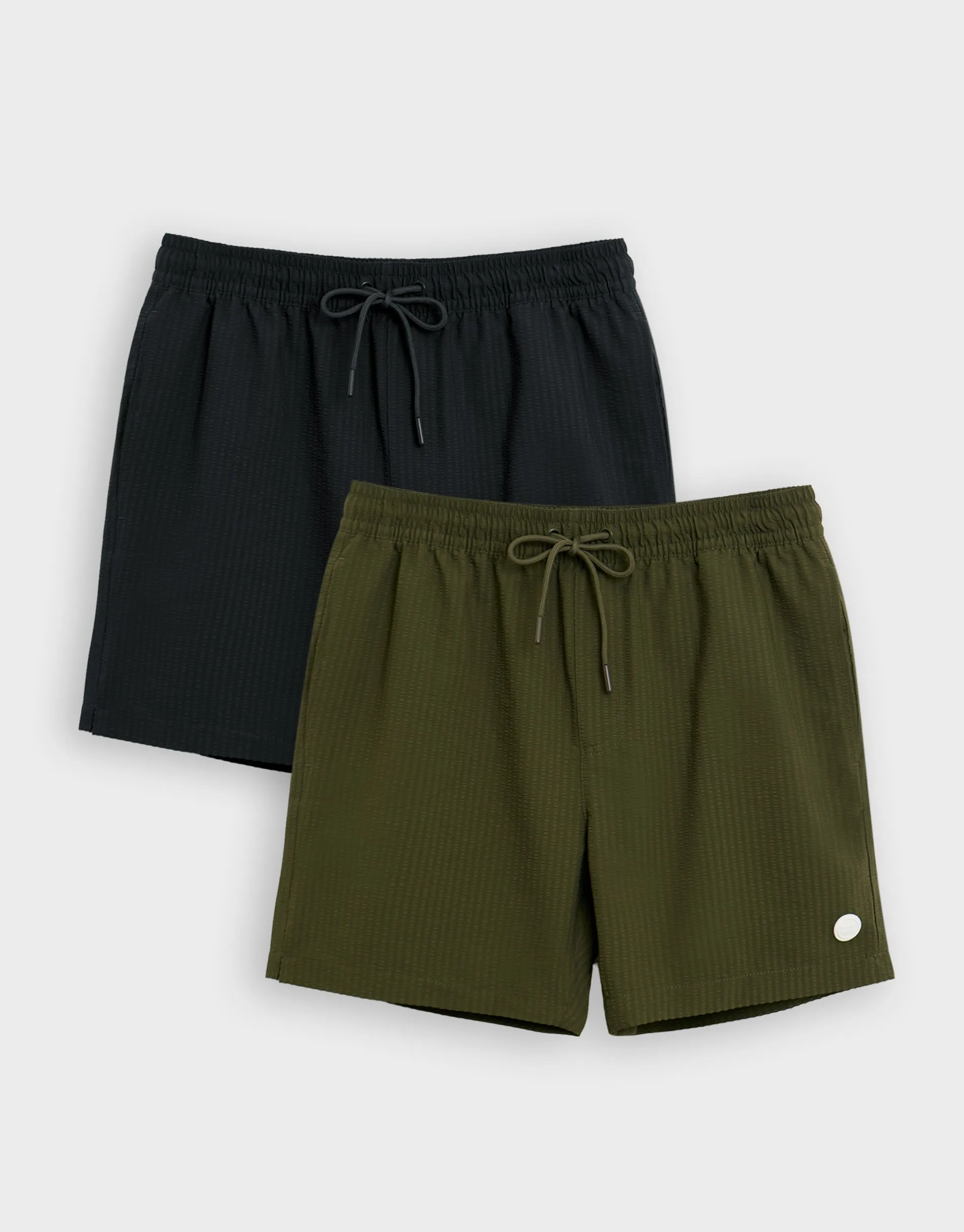 2 Pack Black & Khaki Green Stripe Seersucker Swim Shorts sold by Threadbare