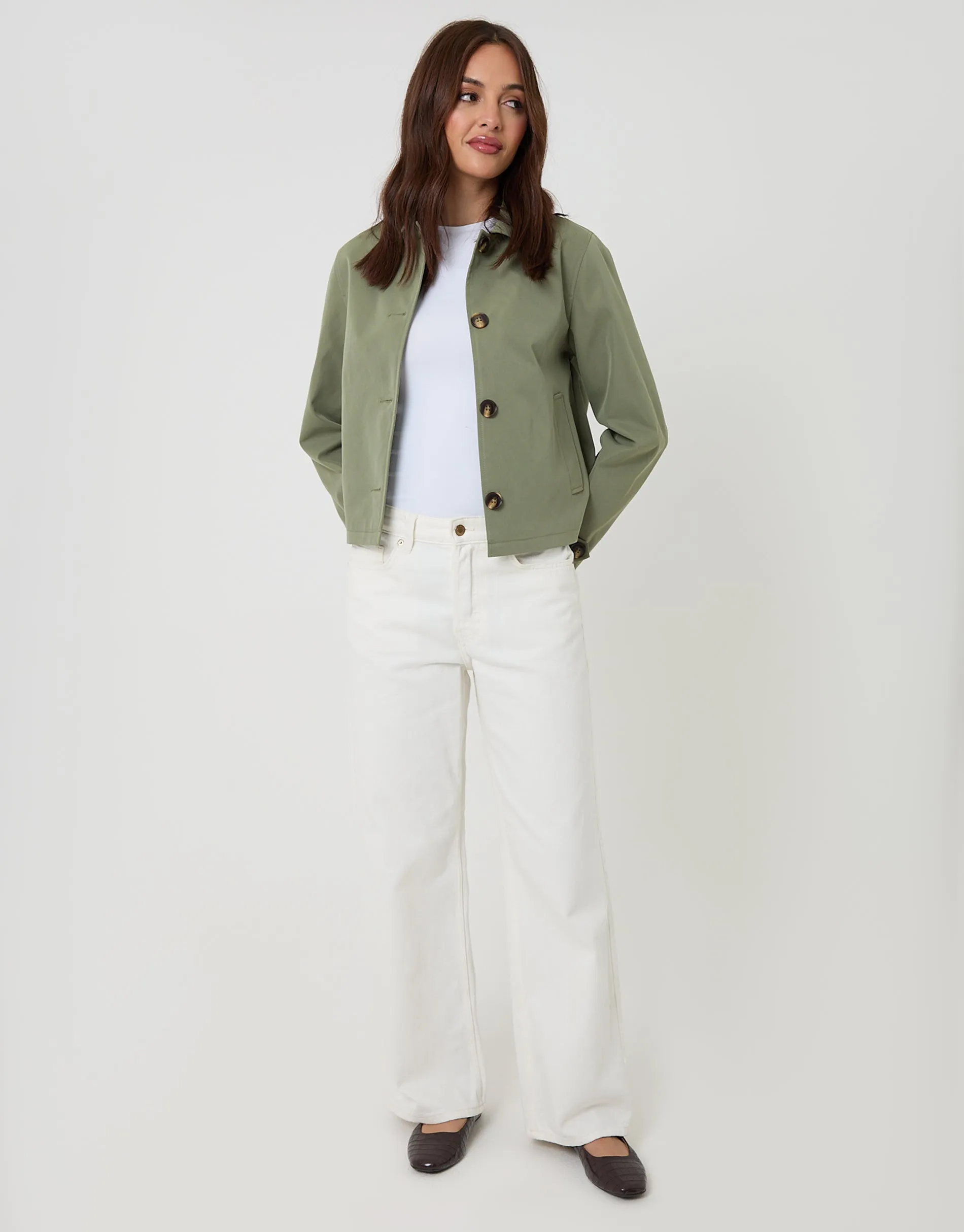 Khaki Green Cropped Collared Trench Coat sold by Threadbare product image thumbnail 3