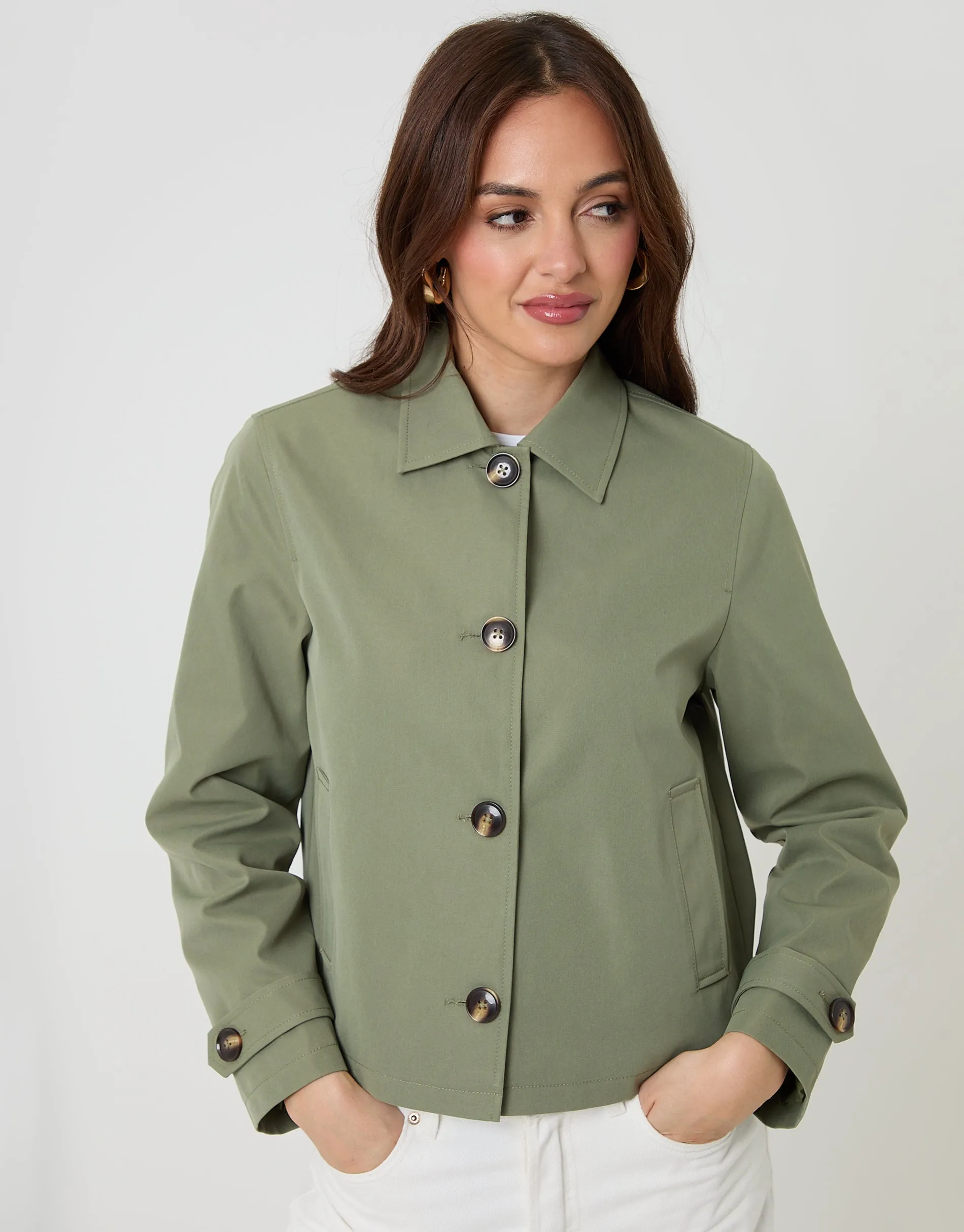 Khaki Green Cropped Collared Trench Coat sold by Threadbare product image thumbnail 4