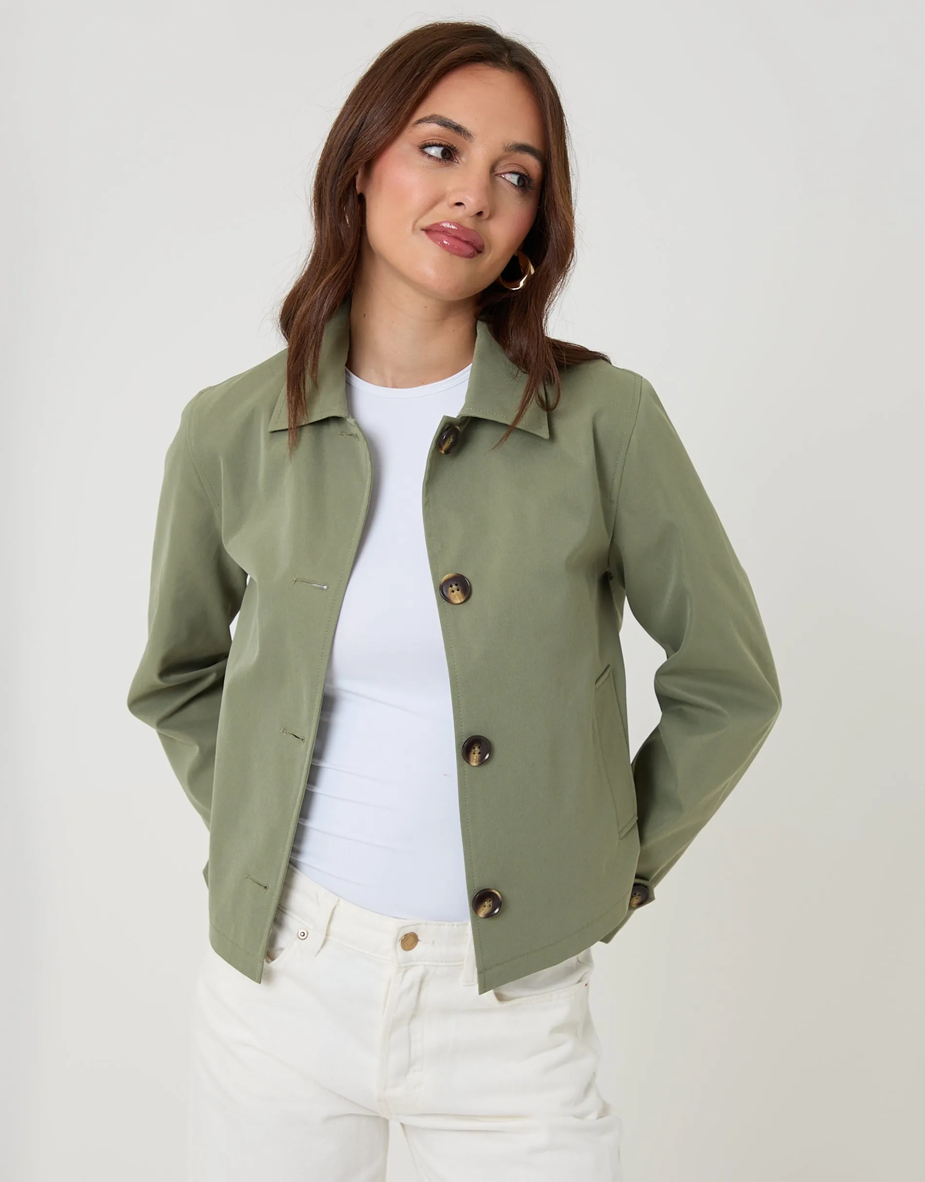 Khaki Green Cropped Collared Trench Coat sold by Threadbare