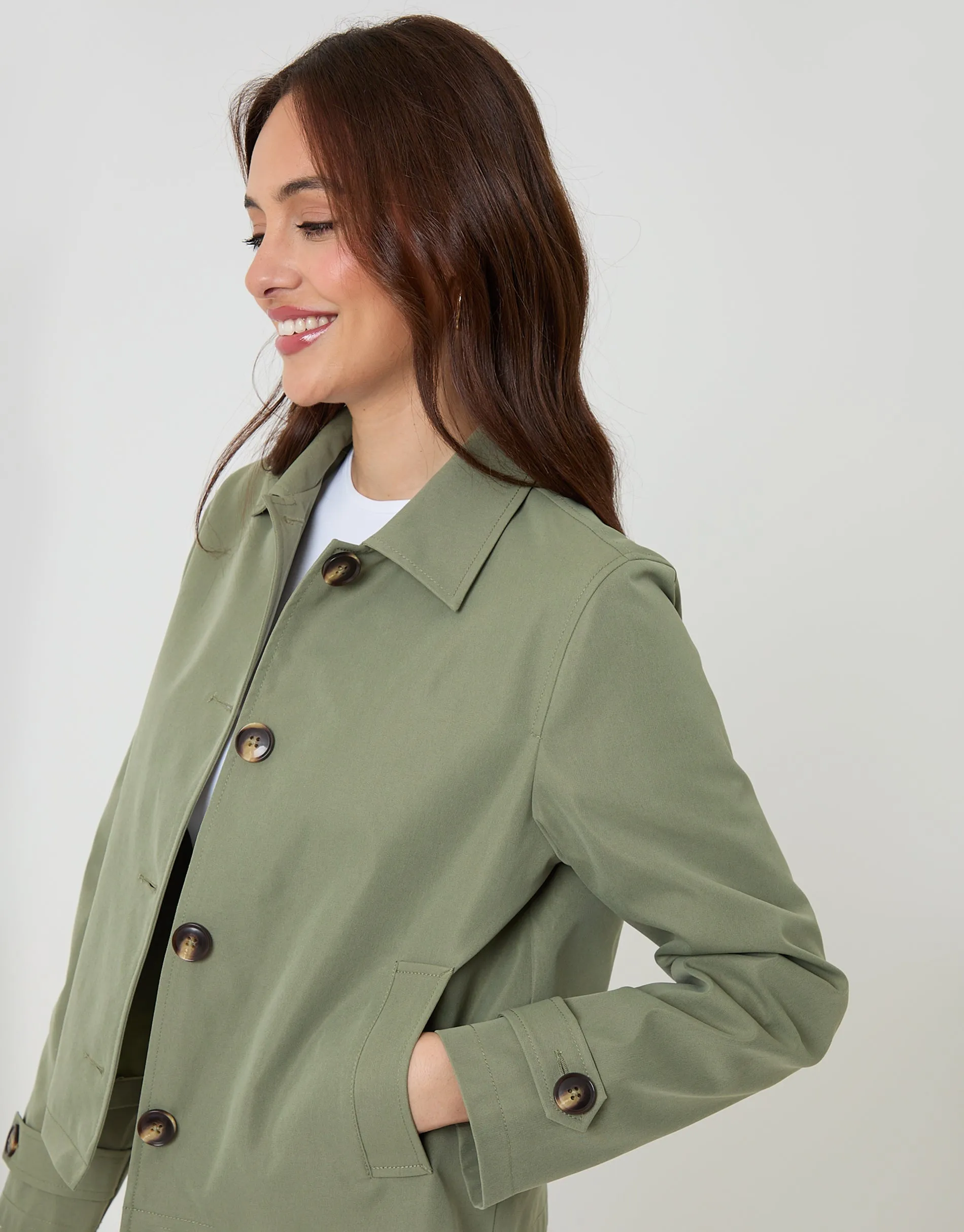 Khaki Green Cropped Collared Trench Coat sold by Threadbare product image thumbnail 5