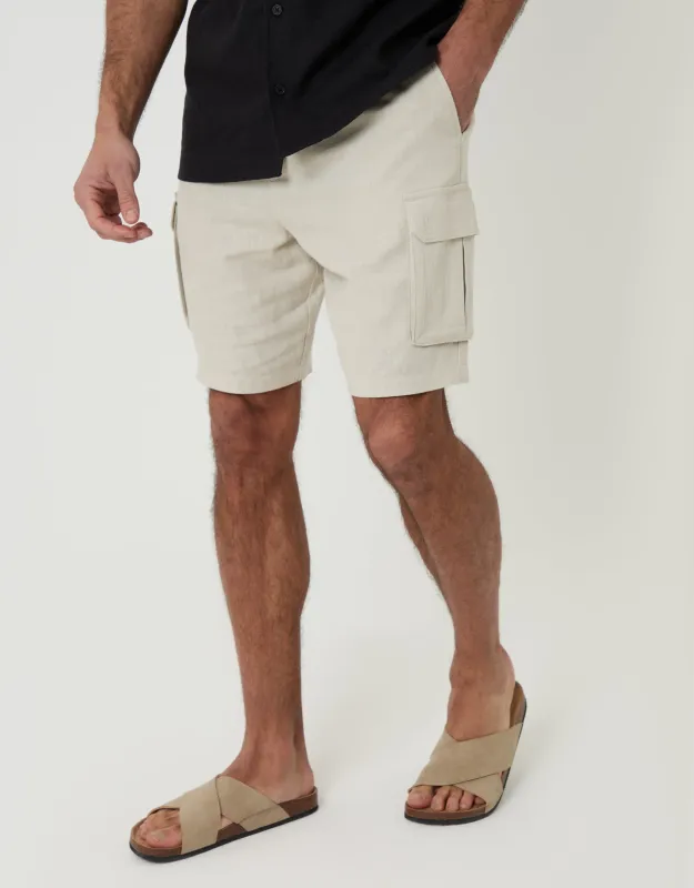 Light Stone Linen Blend Cargo Shorts sold by Threadbare