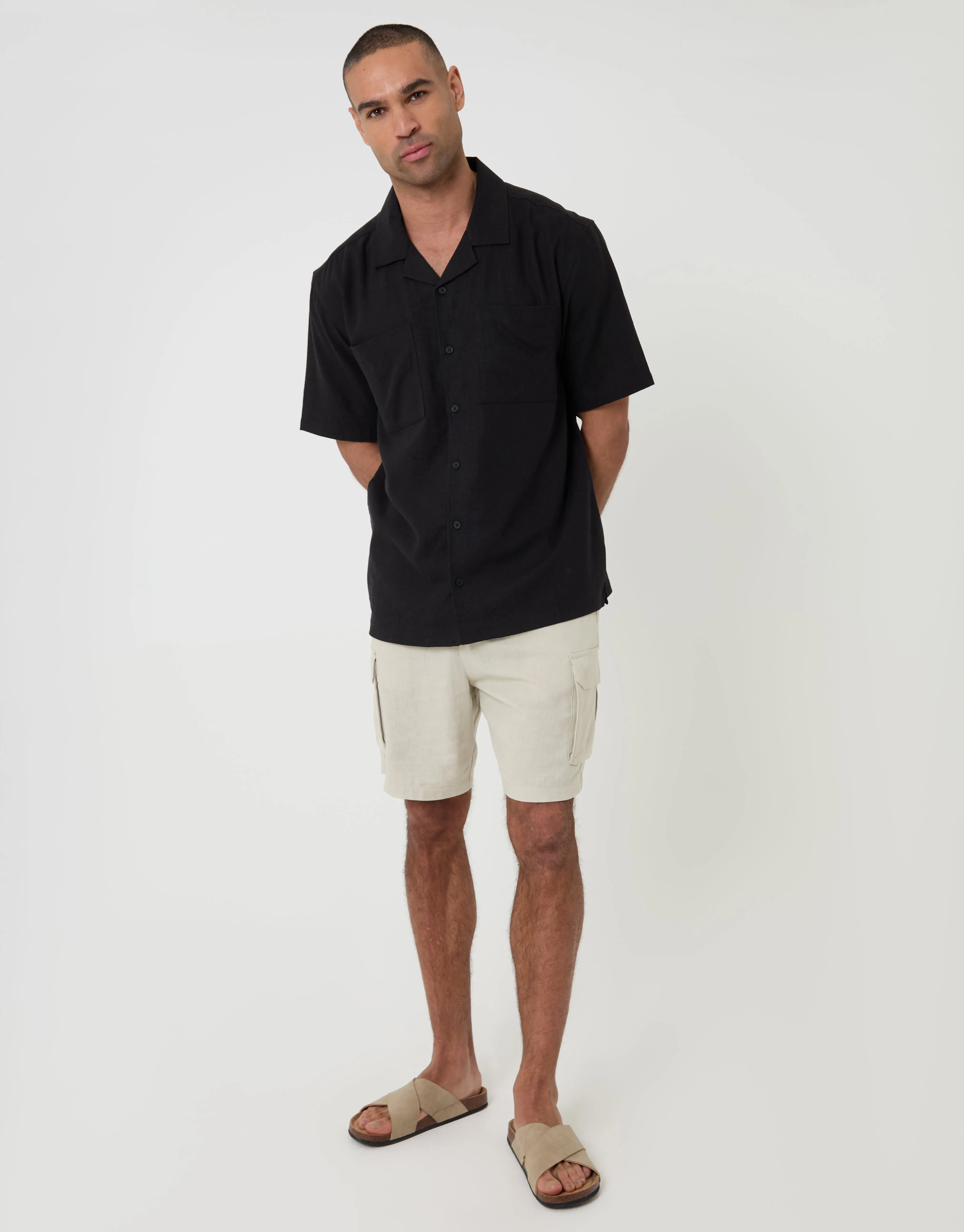 Black Relaxed Fit Linen Blend Short Sleeve Shirt sold by Threadbare product image thumbnail 3