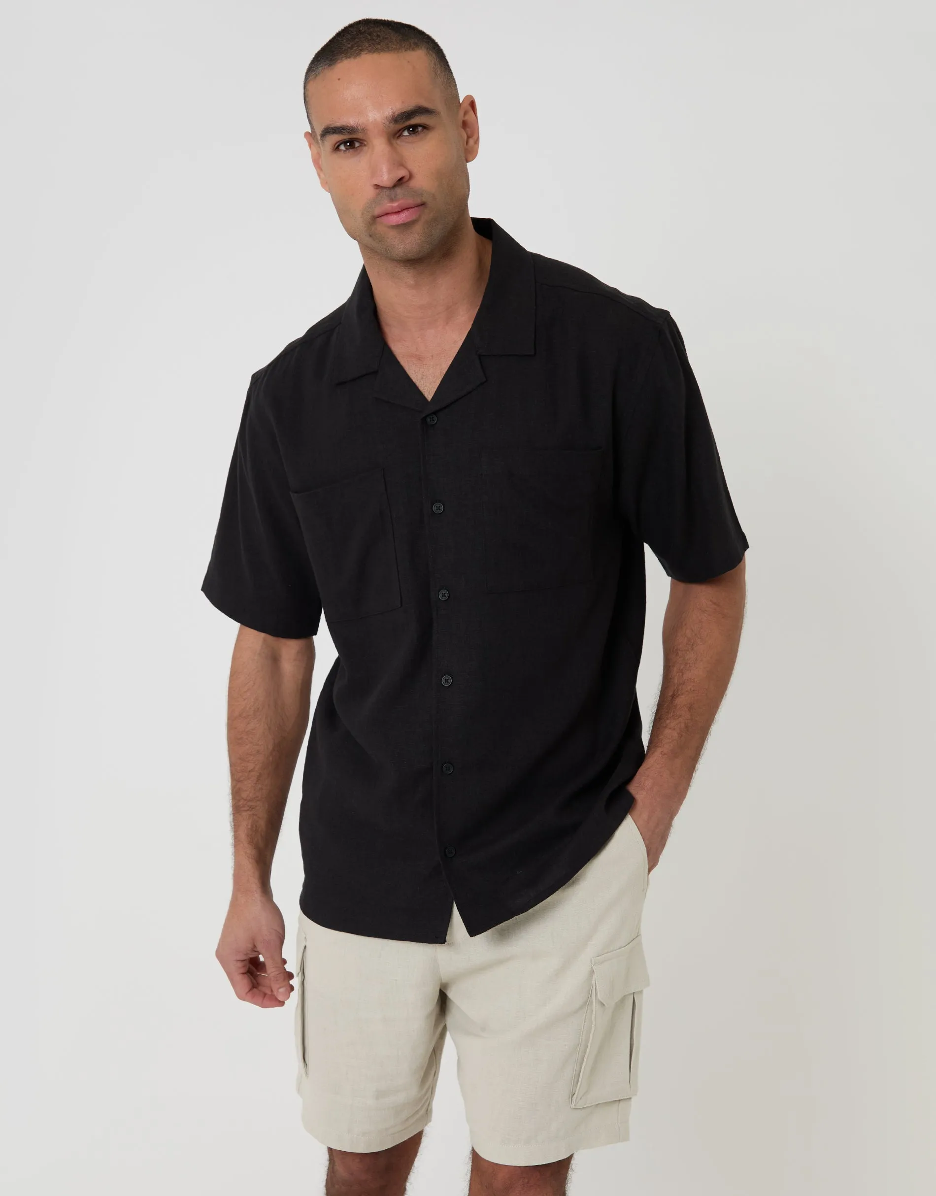 Black Relaxed Fit Linen Blend Short Sleeve Shirt sold by Threadbare