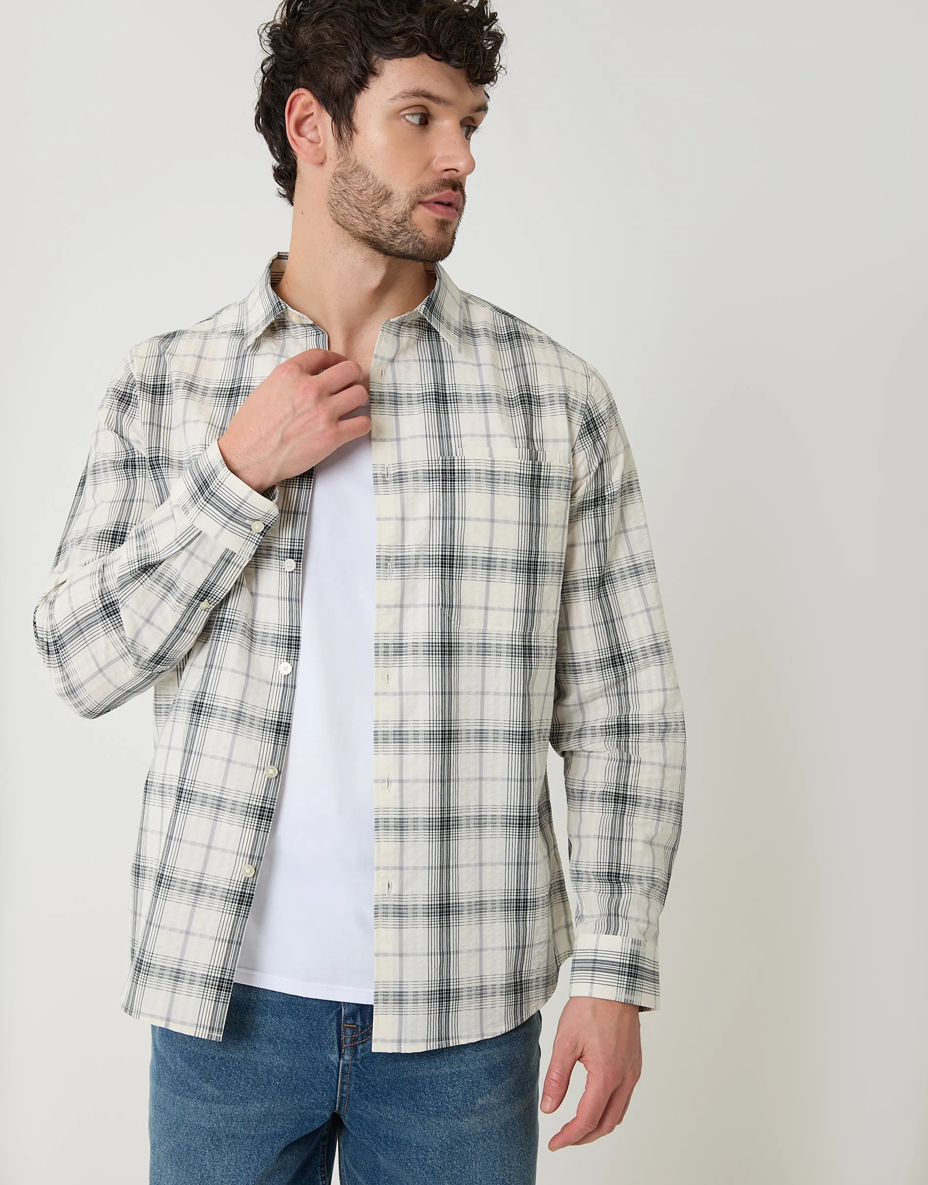 Stone Check Cotton Long Sleeve Shirt sold by Threadbare