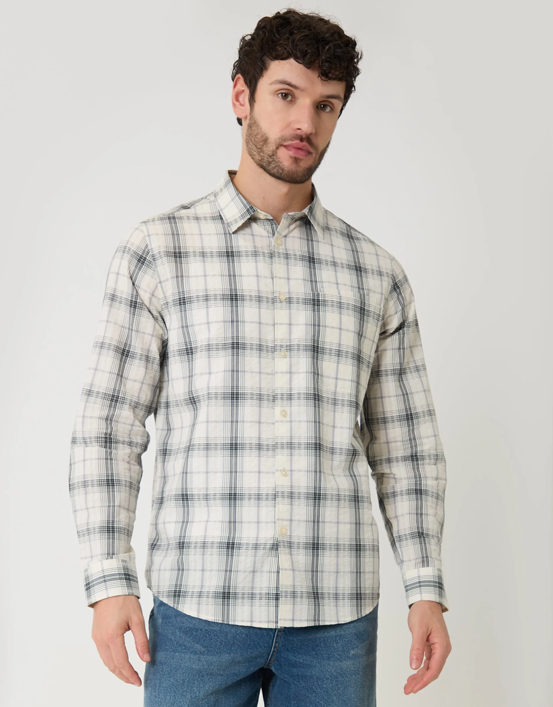 Stone Check Cotton Long Sleeve Shirt sold by Threadbare product image thumbnail 5
