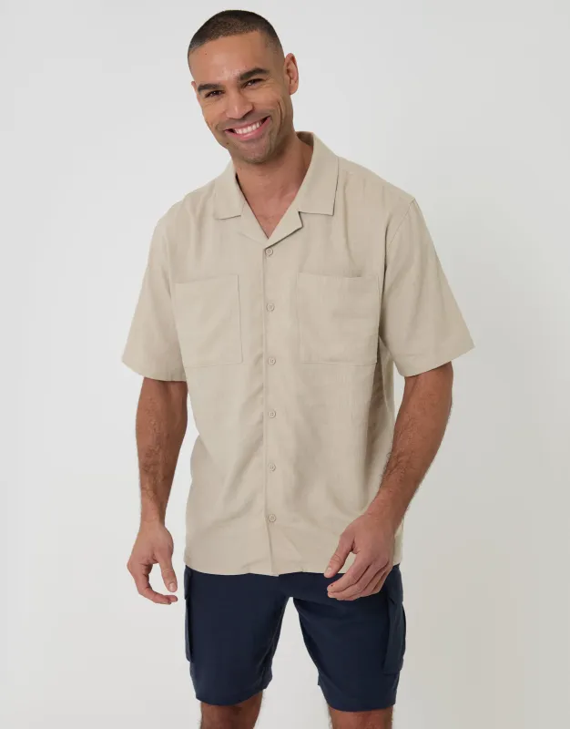 Stone Relaxed Fit Linen Blend Short Sleeve Shirt sold by Threadbare