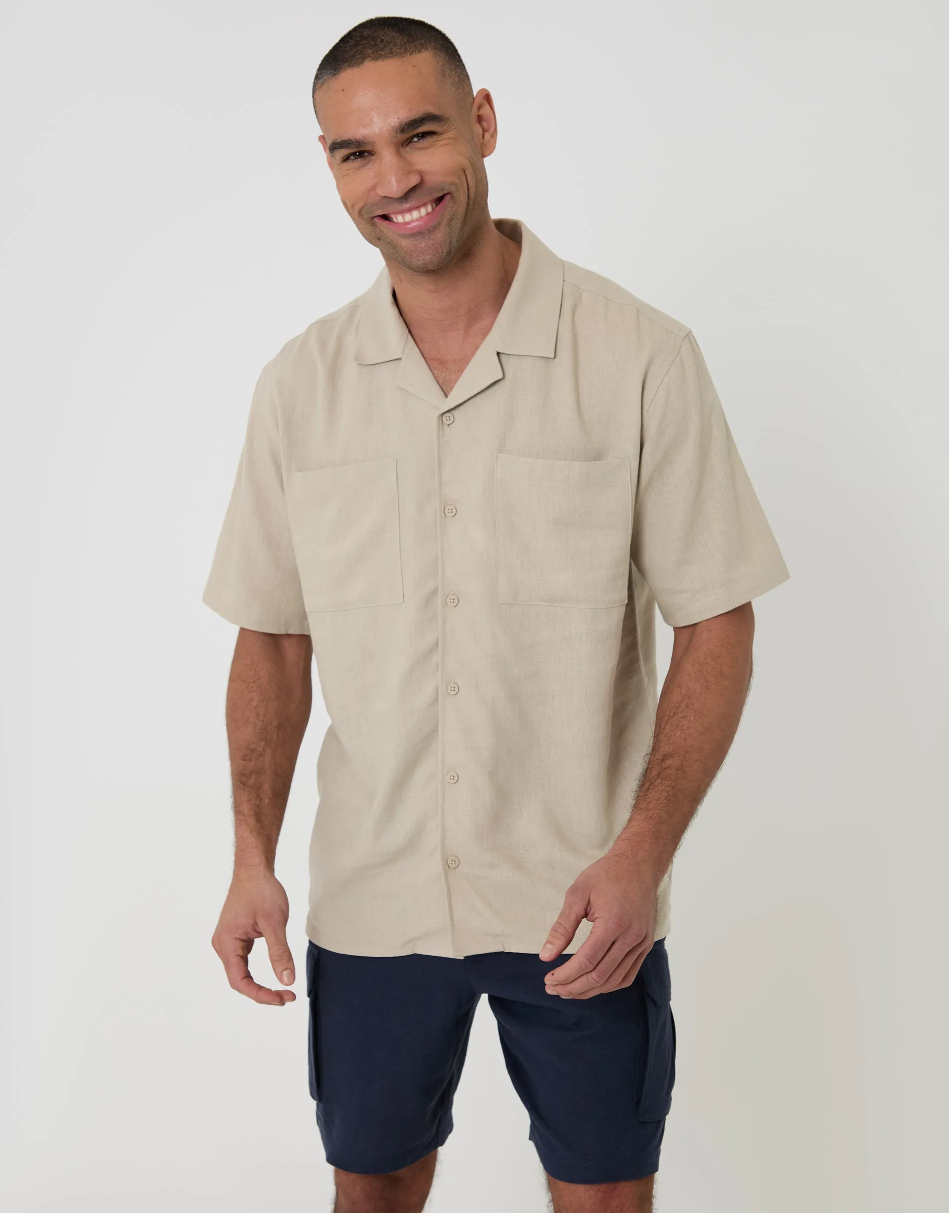 Stone Relaxed Fit Linen Blend Short Sleeve Shirt sold by Threadbare