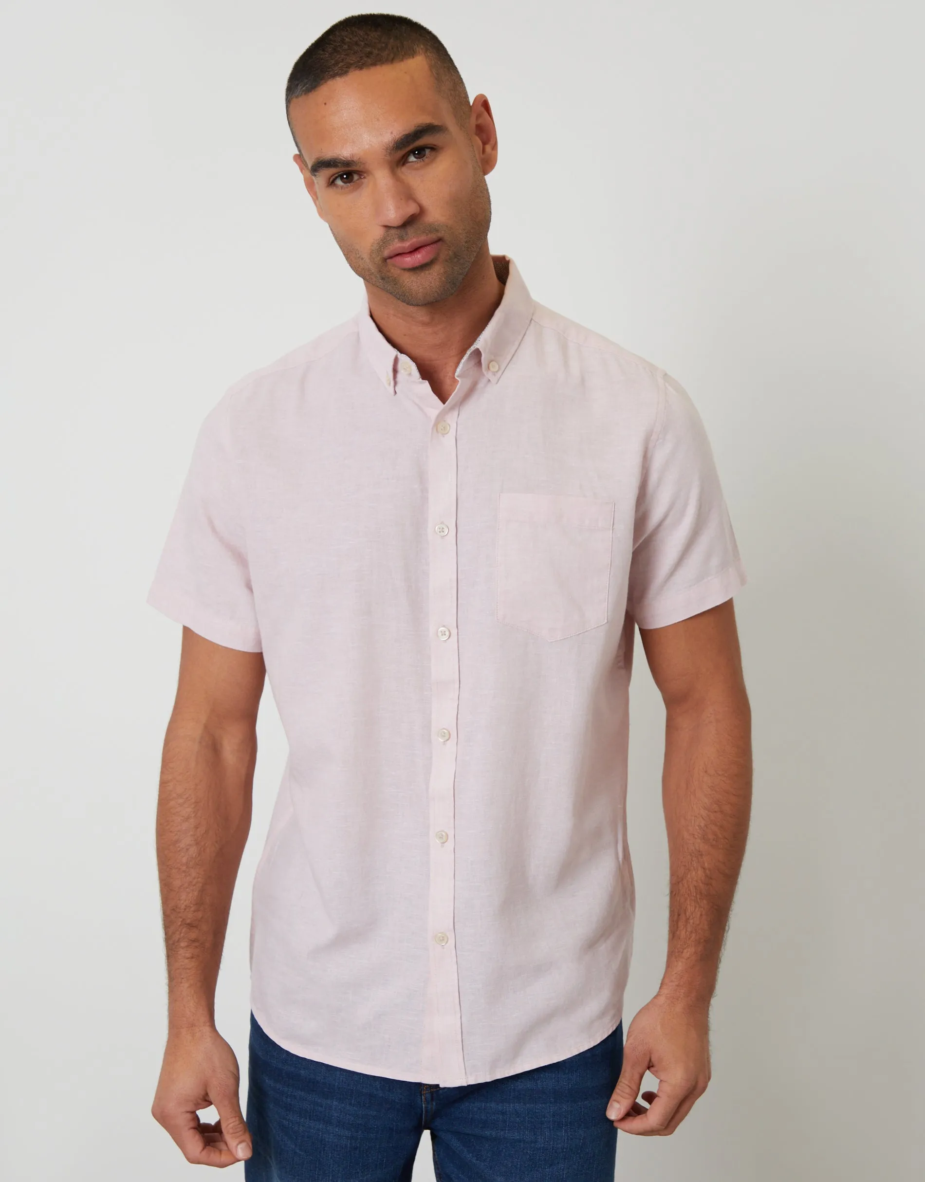 Short Sleeve Linen Blend Shirt in Pink sold by Threadbare