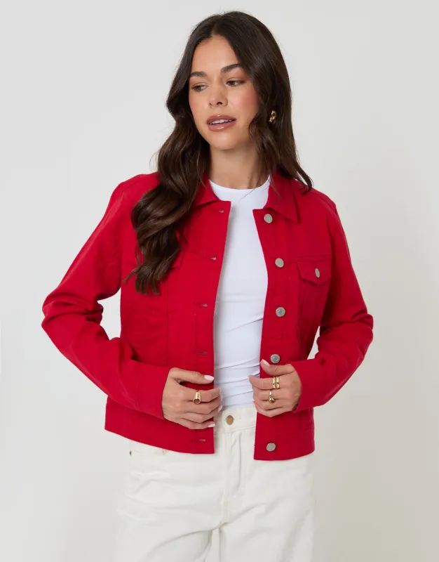 Red Stretch Denim Jacket made by Threadbare