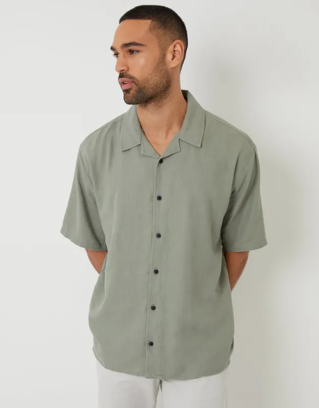 Sage Green Relaxed Fit Linen Blend Revere Collar Short Sleeve Shirt sold by Threadbare