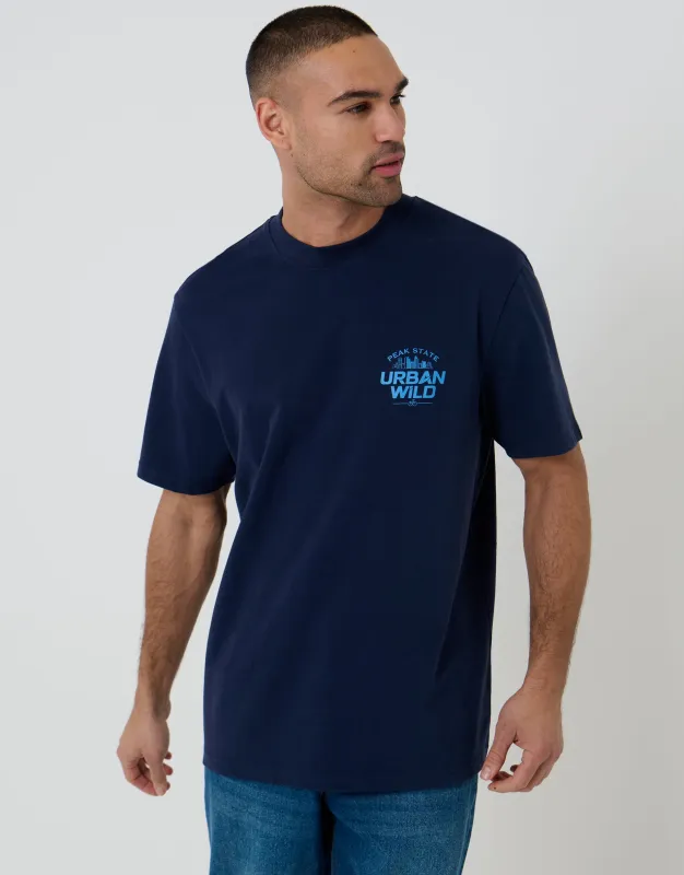 Navy Relaxed Fit Urban Wild Peached Cotton T-Shirt made by Threadbare