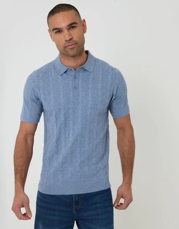 Light Blue Cable Stripe Knitted Button Polo made by Threadbare