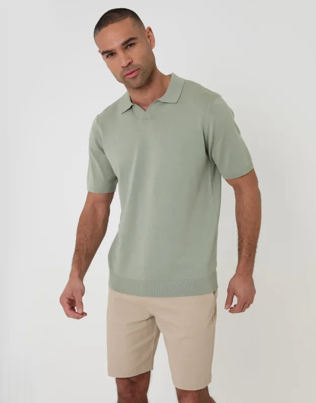 Knitted Trophy Neck Polo in Sage Green made by Threadbare