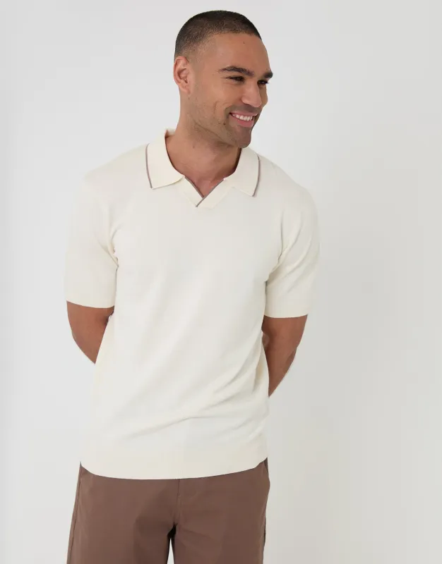 Ecru Knitted Contrast Tipping Trophy Neck Polo made by Threadbare