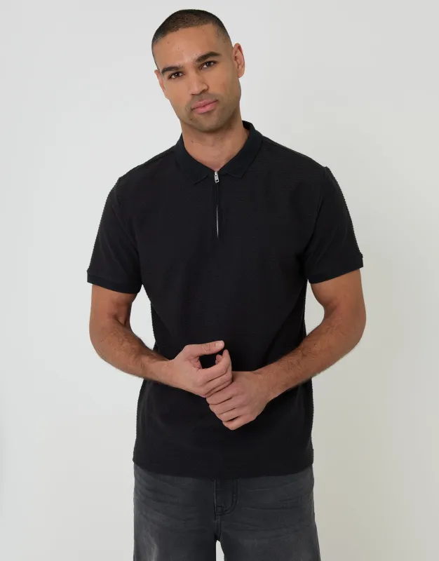Black Textured Quarter Zip Polo Shirt sold by Threadbare