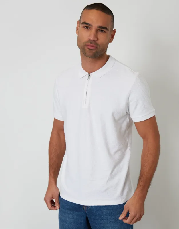 White Textured Quarter Zip Polo Shirt made by Threadbare