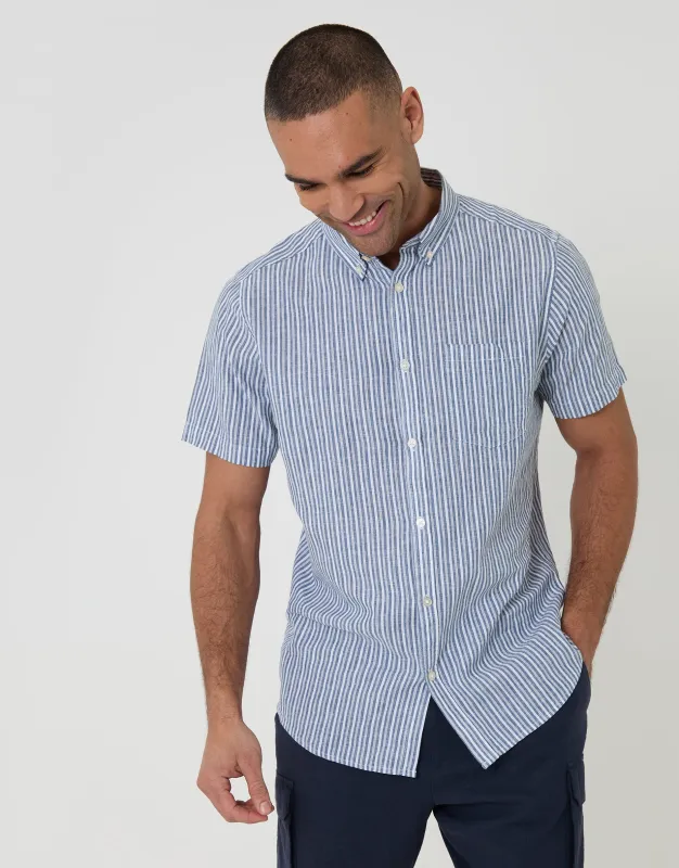Blue Stripe Linen Cotton Blend Short Sleeve Shirt made by Threadbare