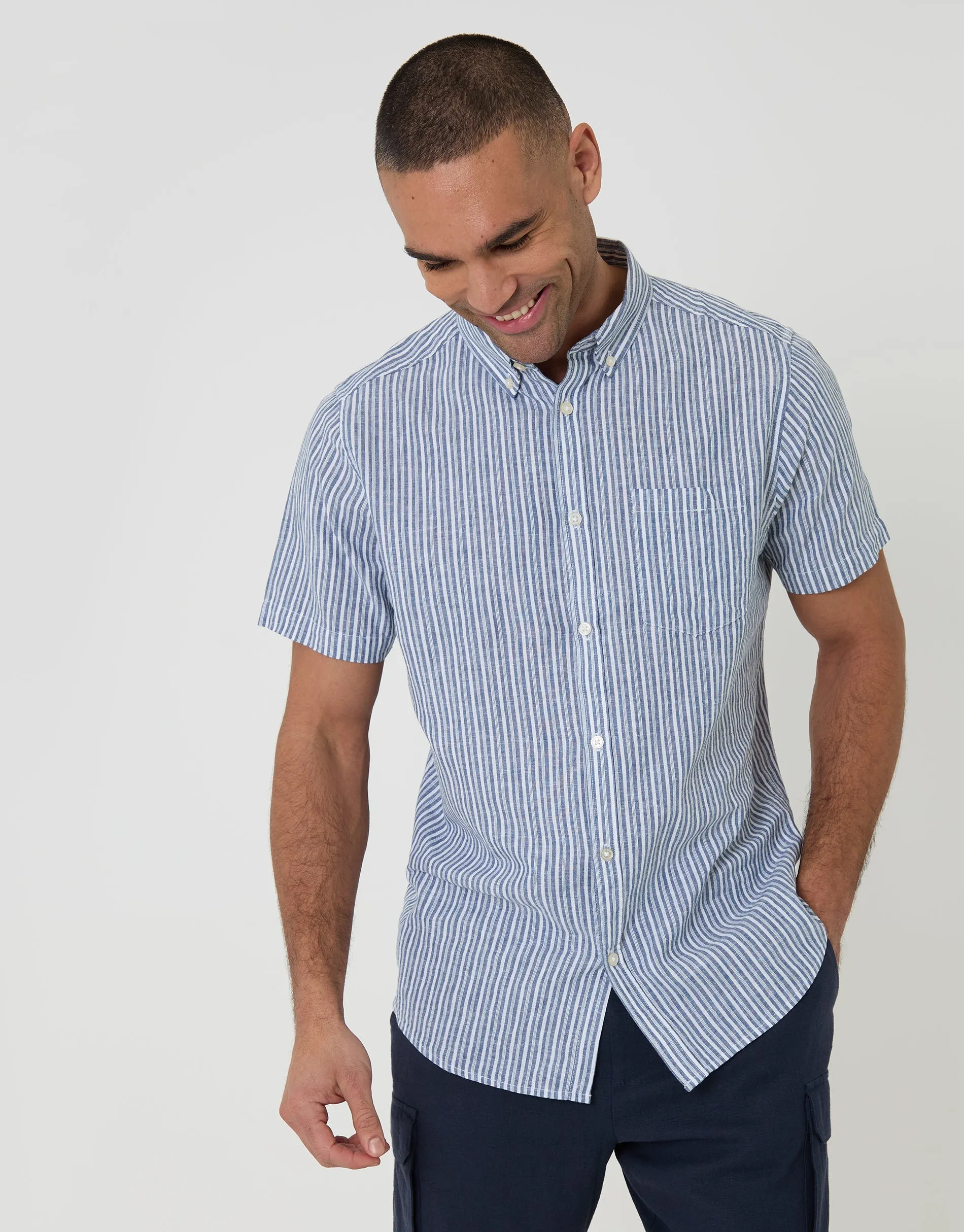 Linen Cotton Blend Short Sleeve Shirt in Blue Stripe sold by Threadbare