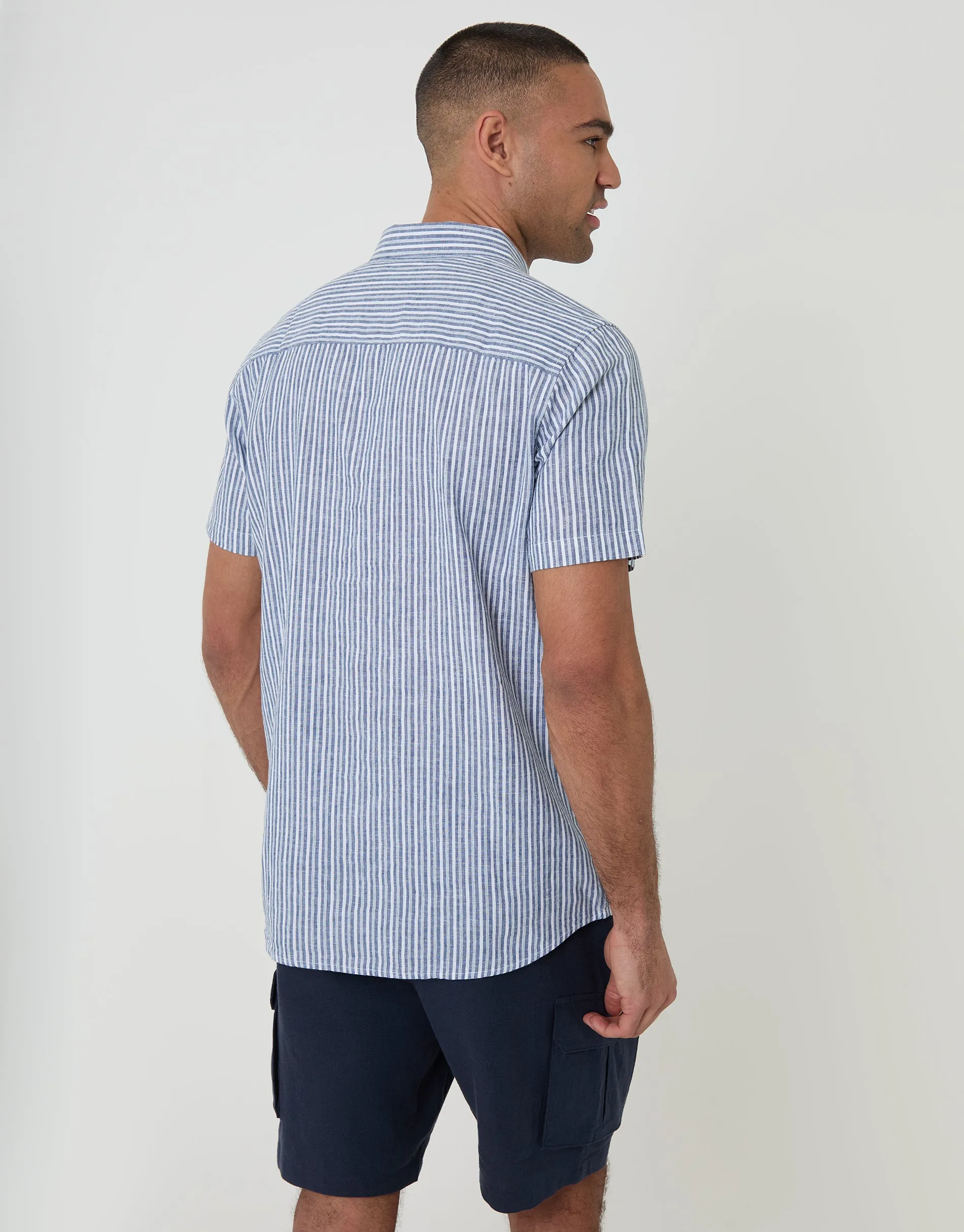 Linen Cotton Blend Short Sleeve Shirt in Blue Stripe sold by Threadbare product image thumbnail 2