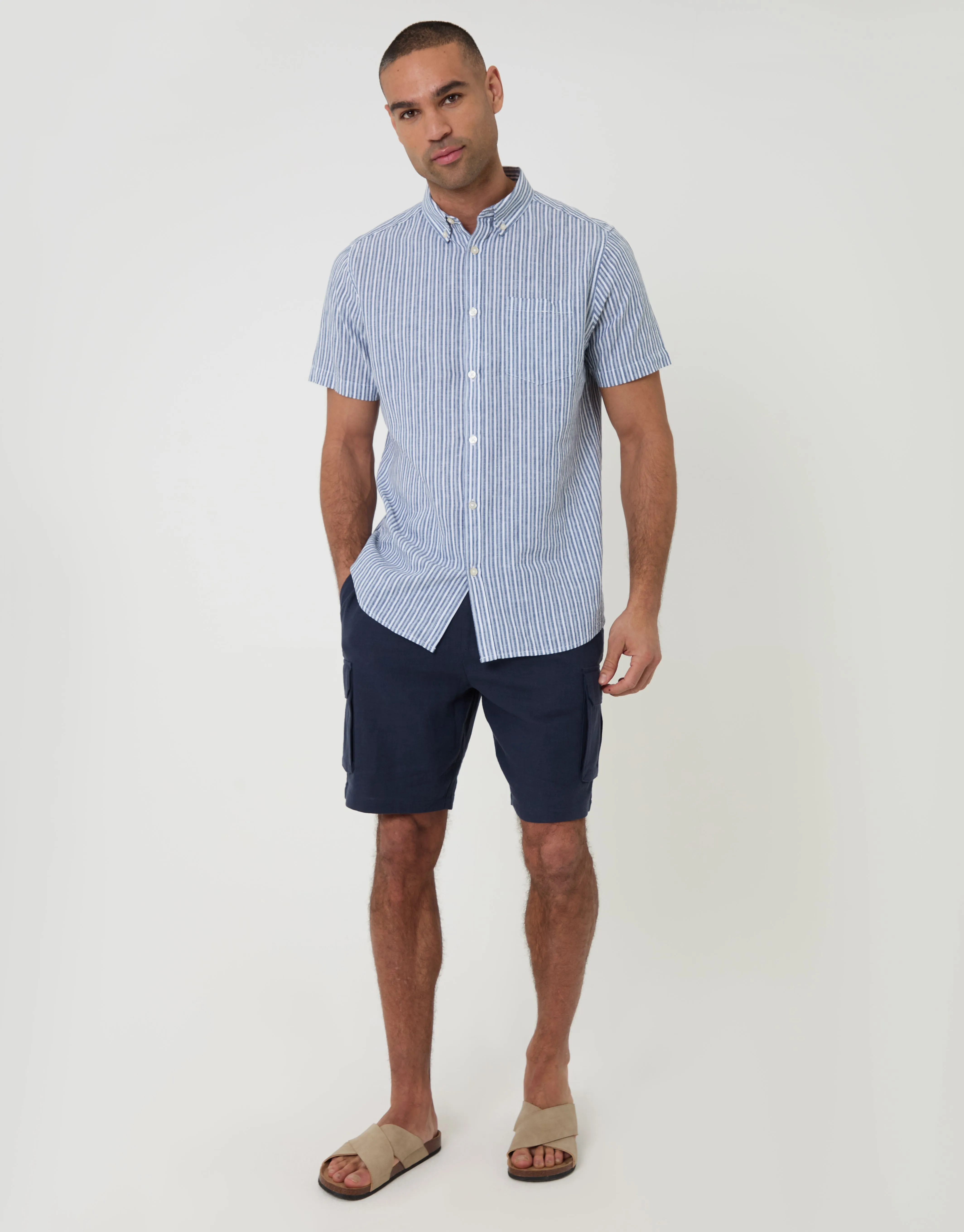 Linen Cotton Blend Short Sleeve Shirt in Blue Stripe sold by Threadbare product image thumbnail 3