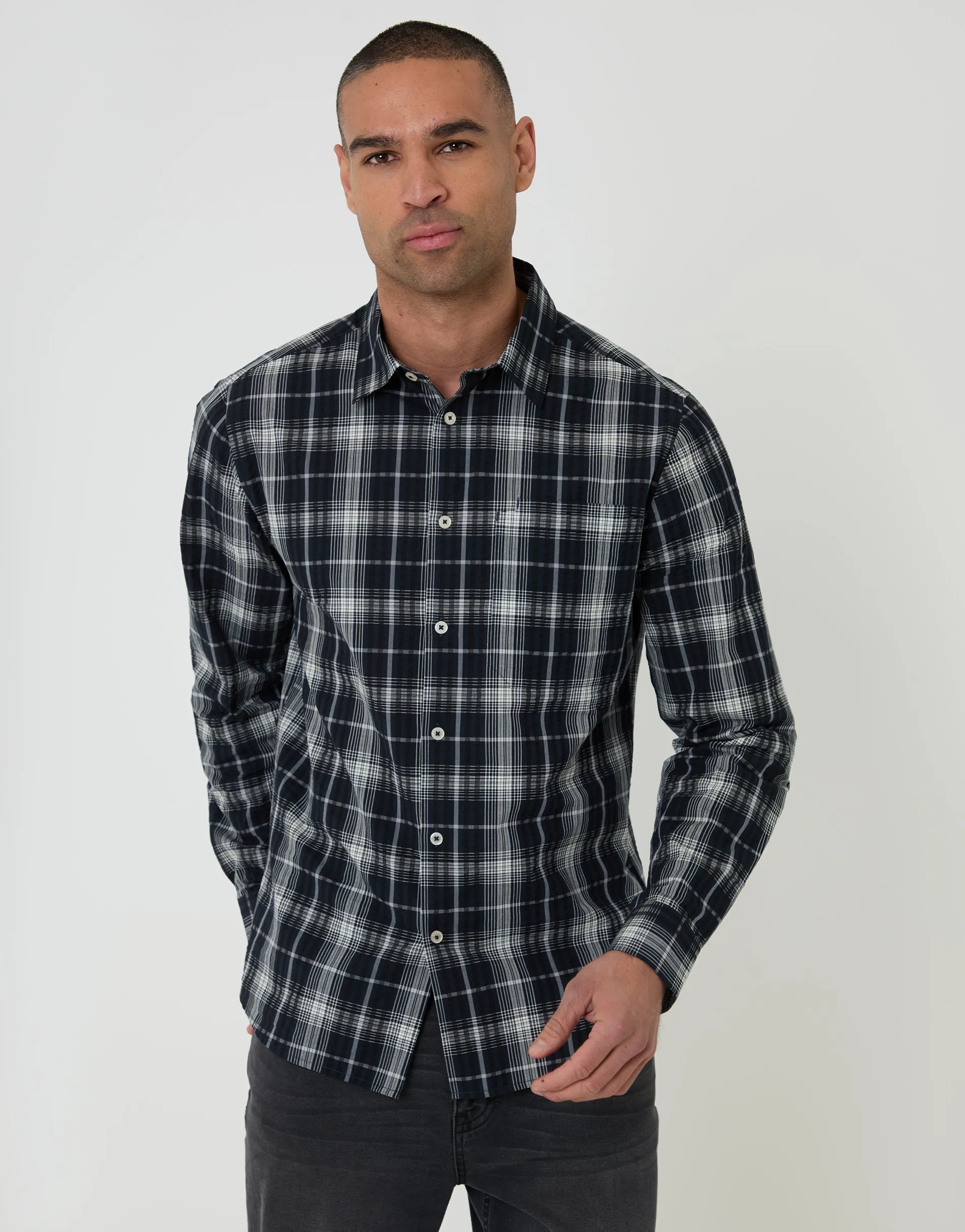 Black Check Cotton Long Sleeve Shirt sold by Threadbare