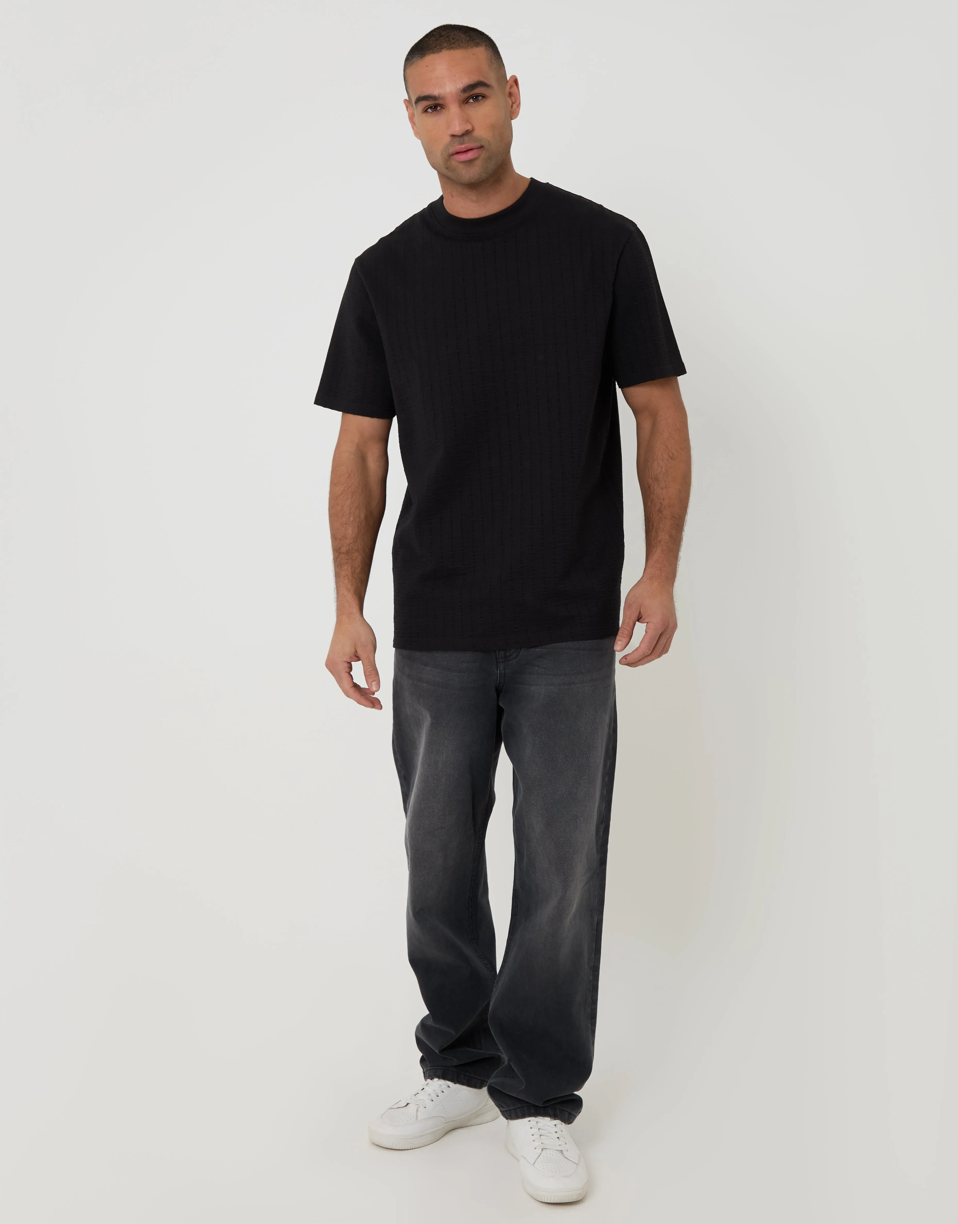 Black Relaxed Fit Textured Crew Neck T-Shirt sold by Threadbare product image thumbnail 3