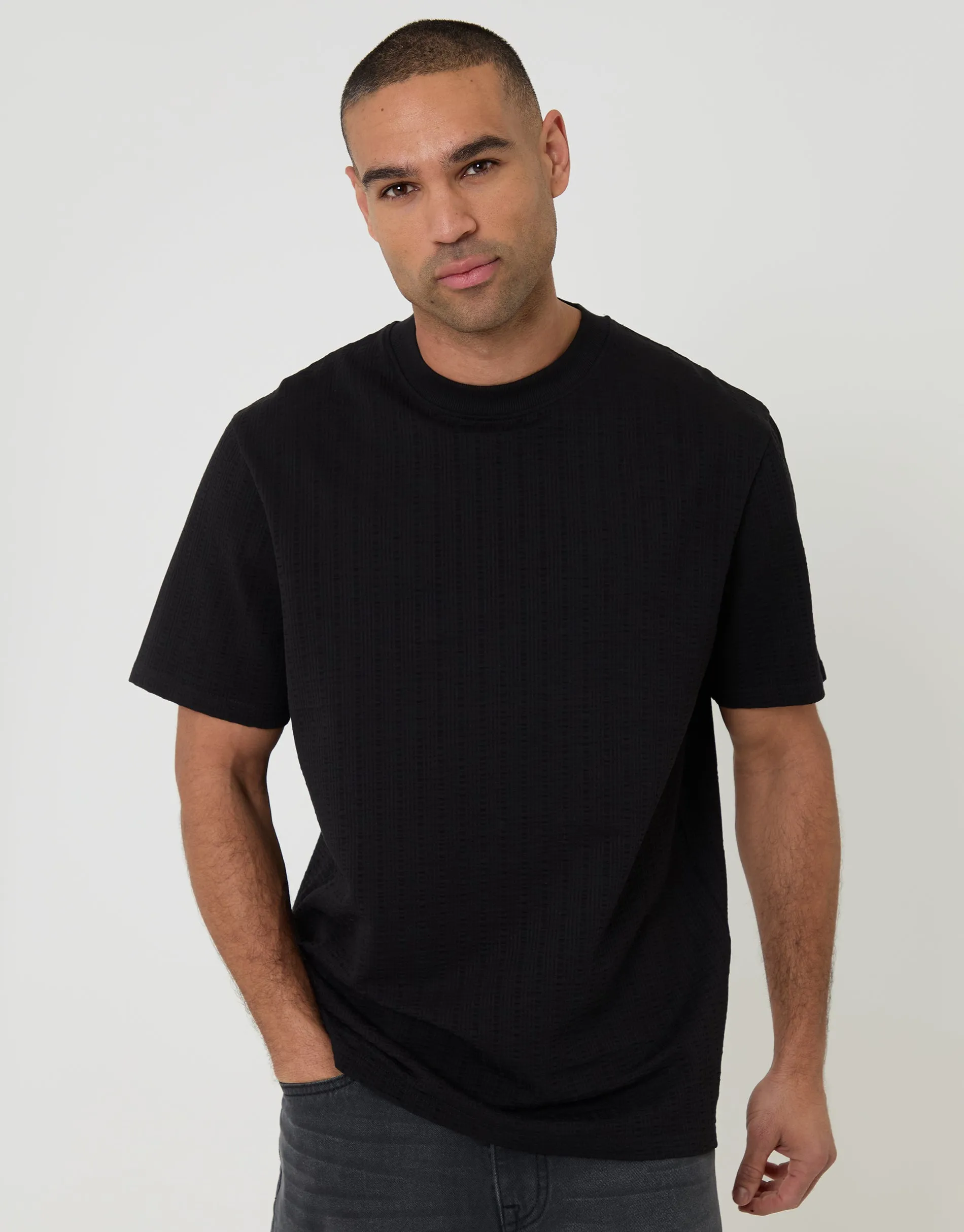 Black Relaxed Fit Textured Crew Neck T-Shirt sold by Threadbare