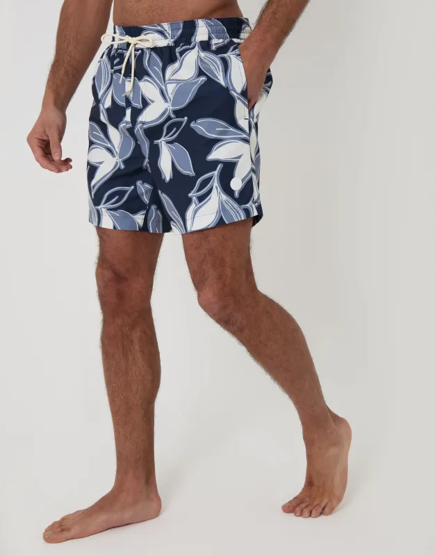 Navy Leaf Print Quick Dry Swim Shorts made by Threadbare