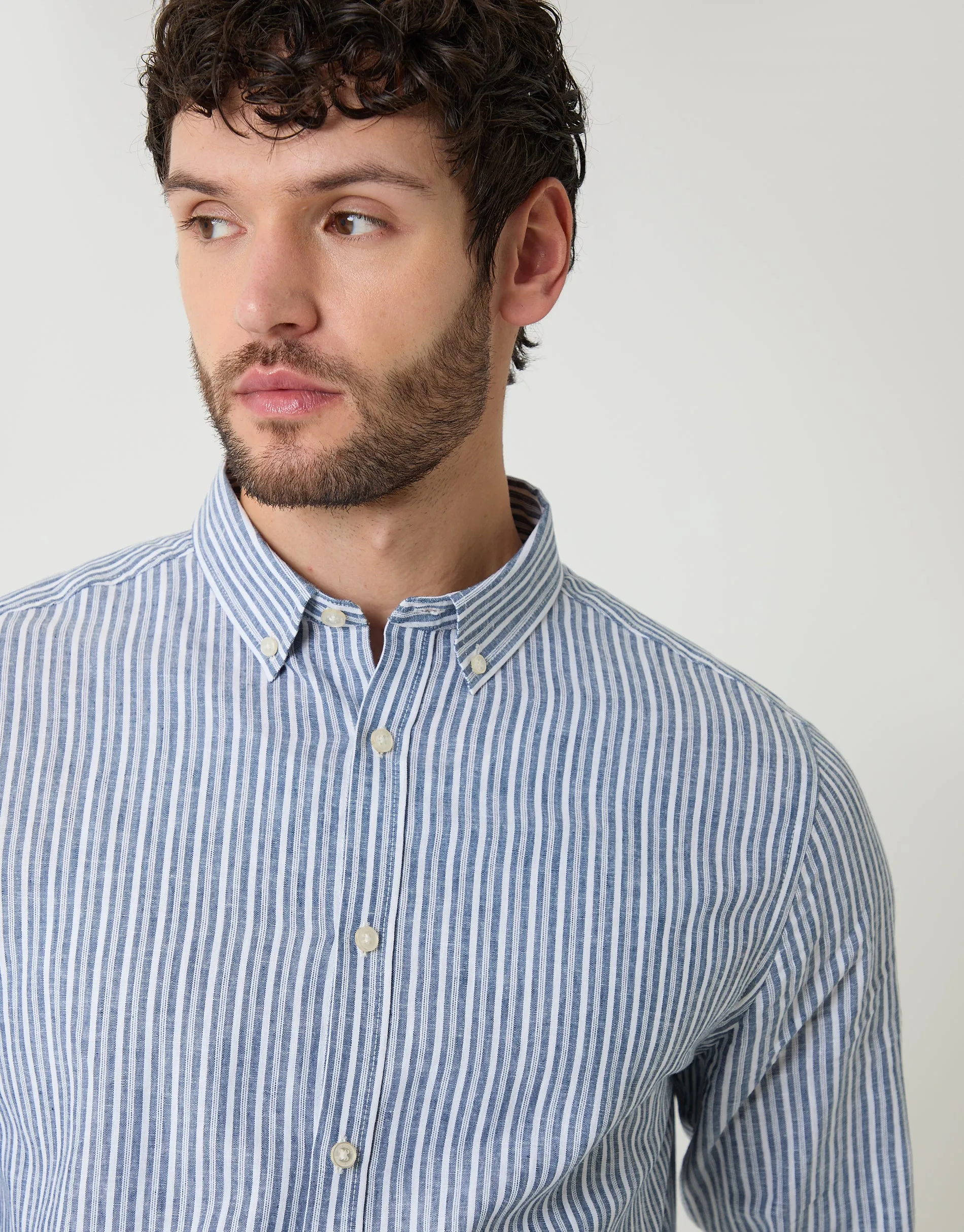 Blue Stripe Linen Cotton Blend Long Sleeve Shirt sold by Threadbare product image thumbnail 4