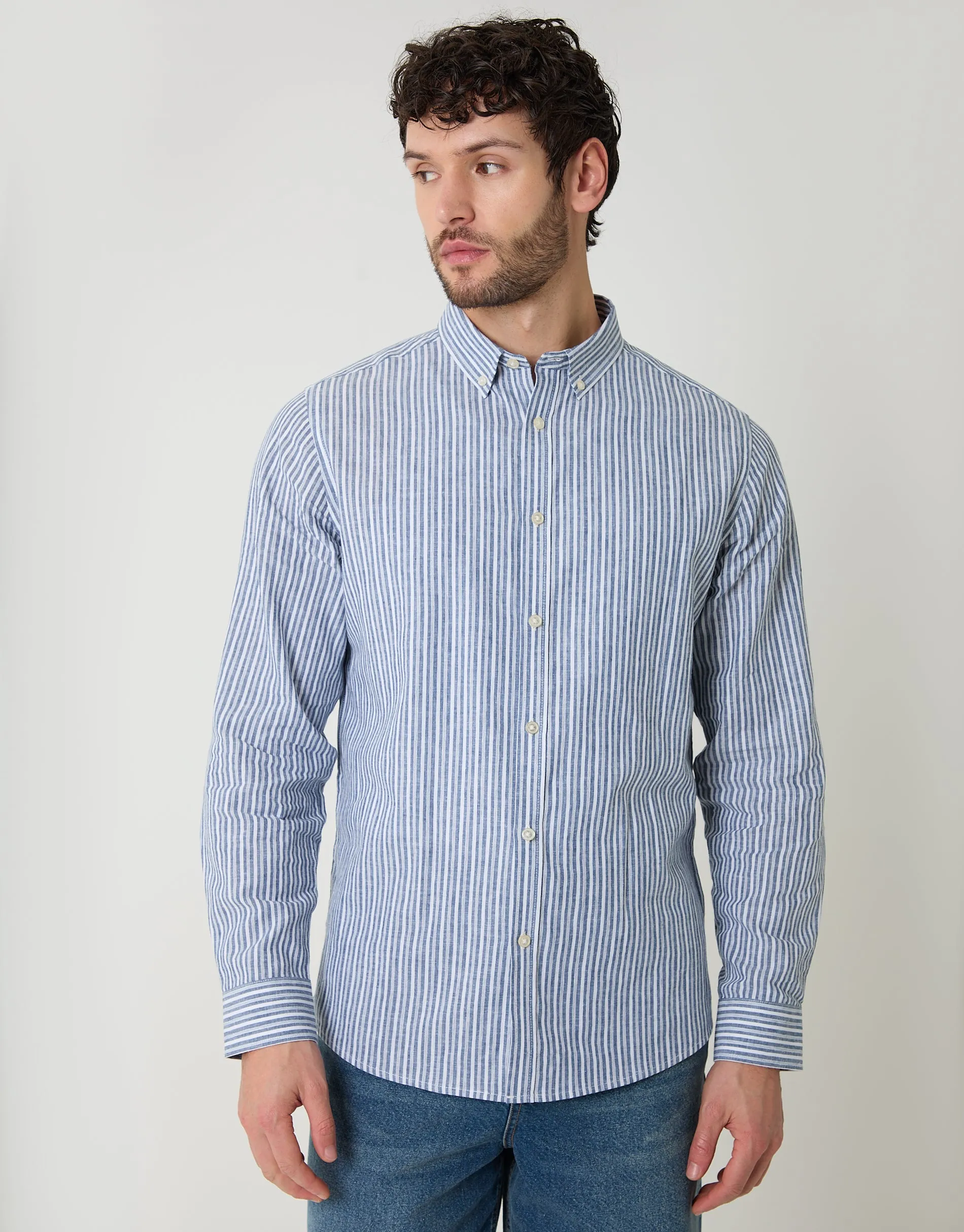 Blue Stripe Linen Cotton Blend Long Sleeve Shirt sold by Threadbare product image thumbnail 5