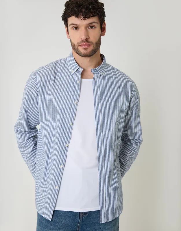 Blue Stripe Linen Cotton Blend Long Sleeve Shirt sold by Threadbare