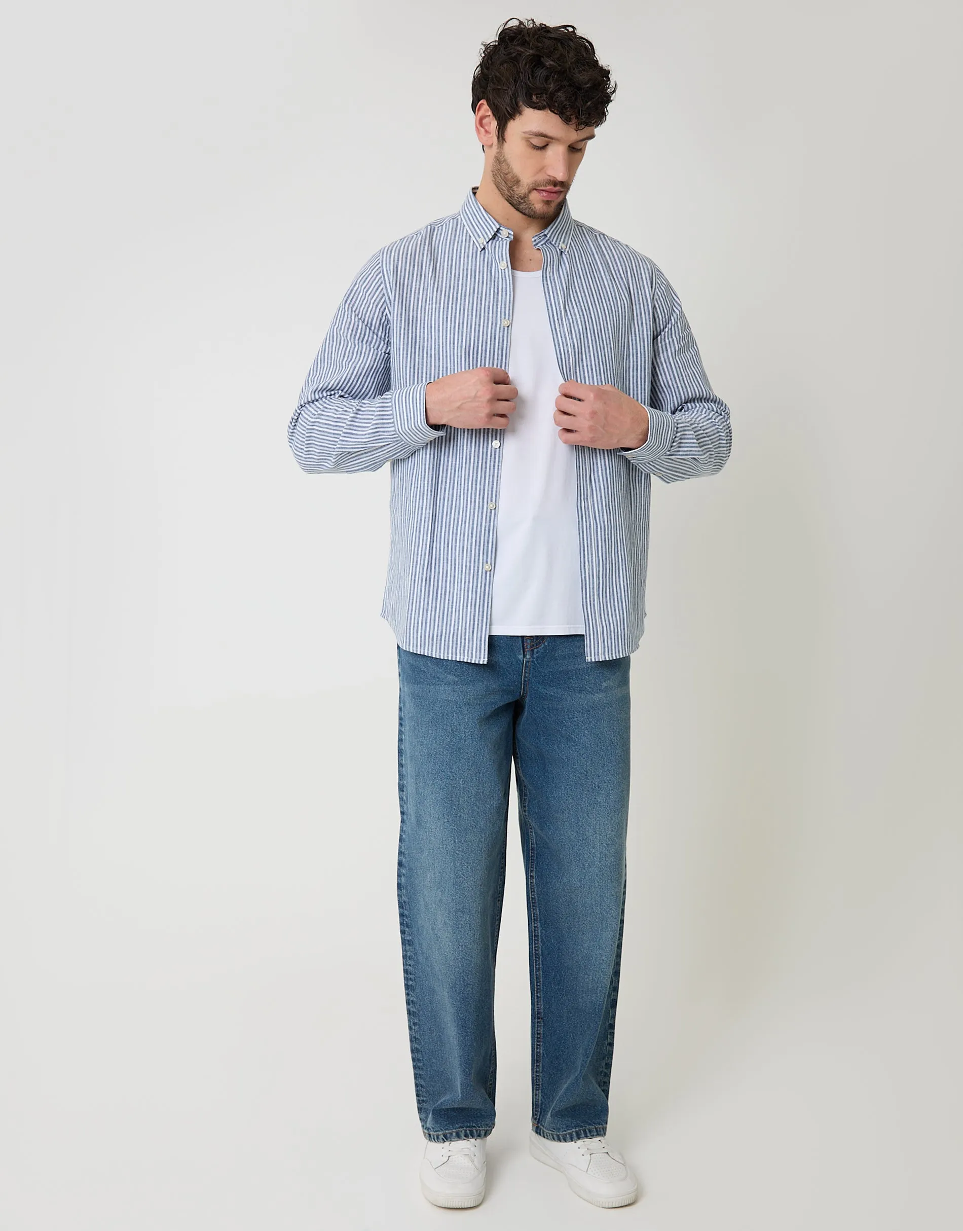 Blue Stripe Linen Cotton Blend Long Sleeve Shirt sold by Threadbare product image thumbnail 3