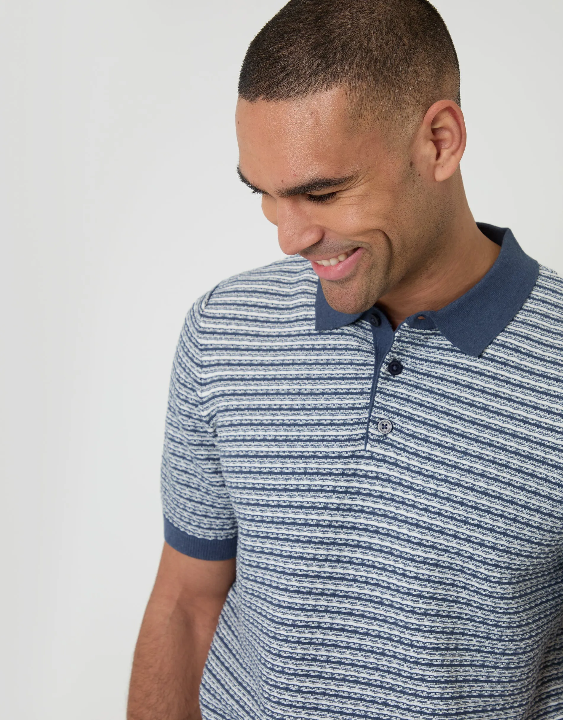 Denim Blue Textured Stripe Knitted Polo sold by Threadbare product image thumbnail 4