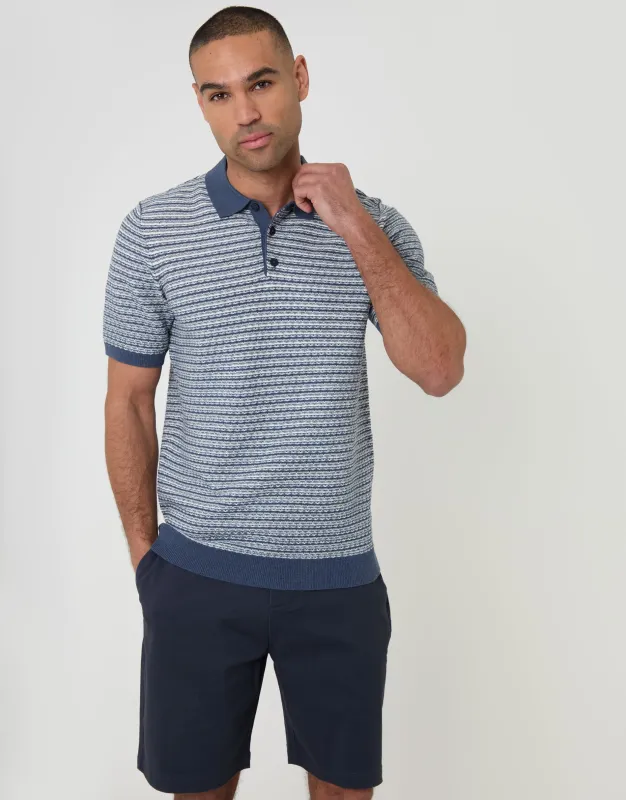 Denim Blue Textured Stripe Knitted Polo made by Threadbare