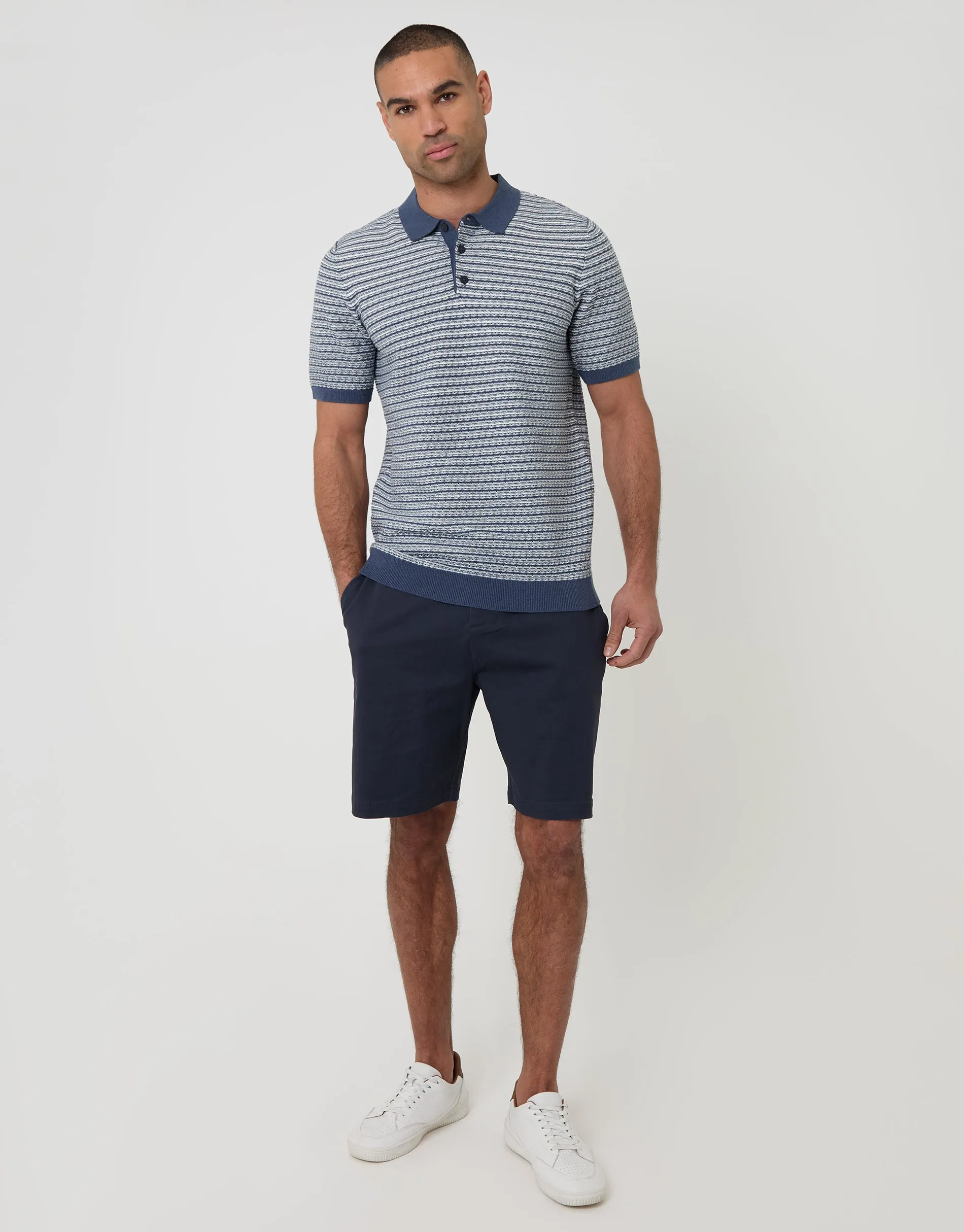 Denim Blue Textured Stripe Knitted Polo sold by Threadbare product image thumbnail 3