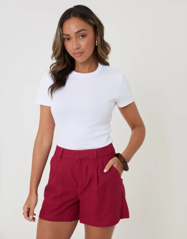 Tailored Linen Blend Shorts in Red made by Threadbare