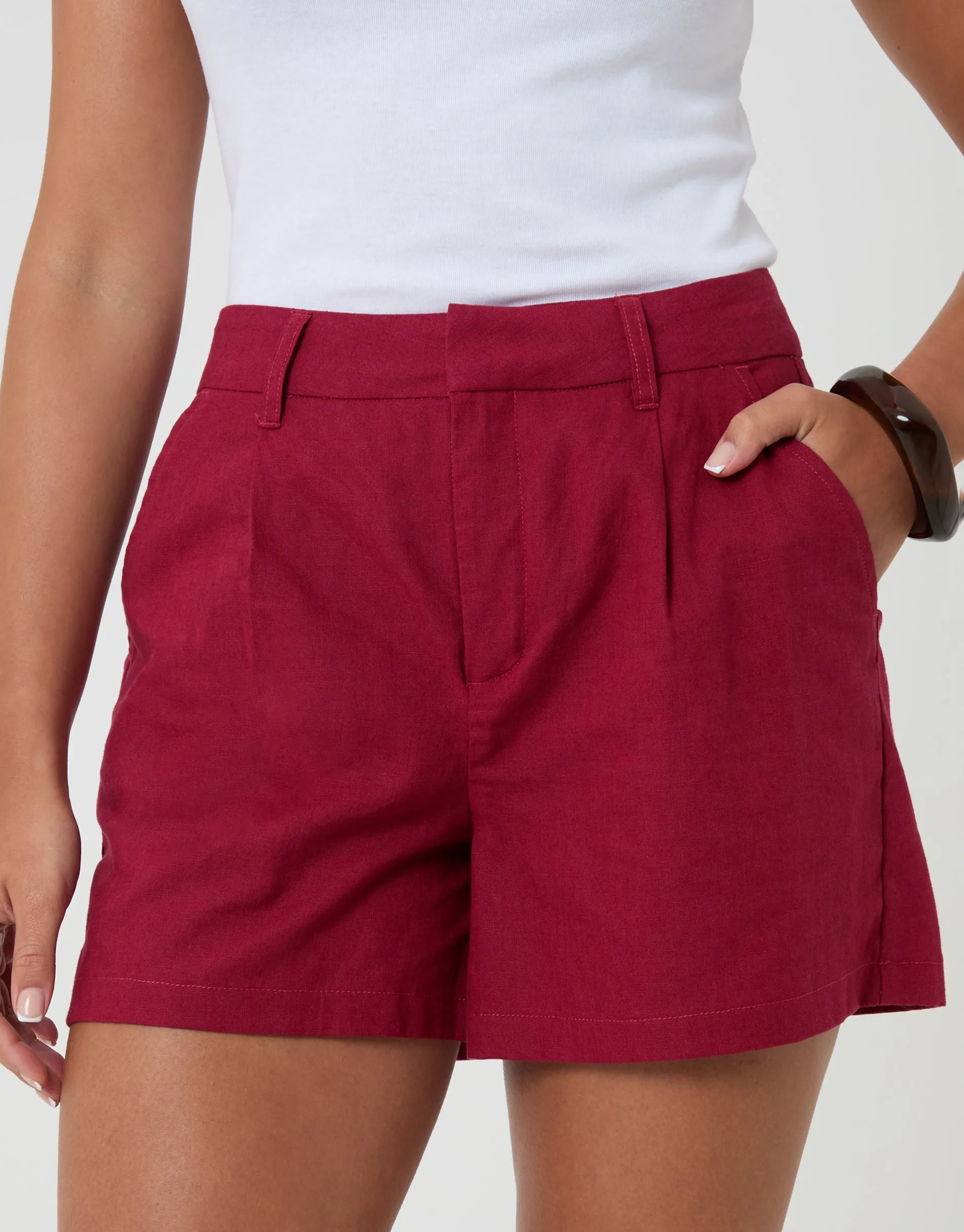 Tailored Linen Blend Shorts in Red sold by Threadbare product image thumbnail 5