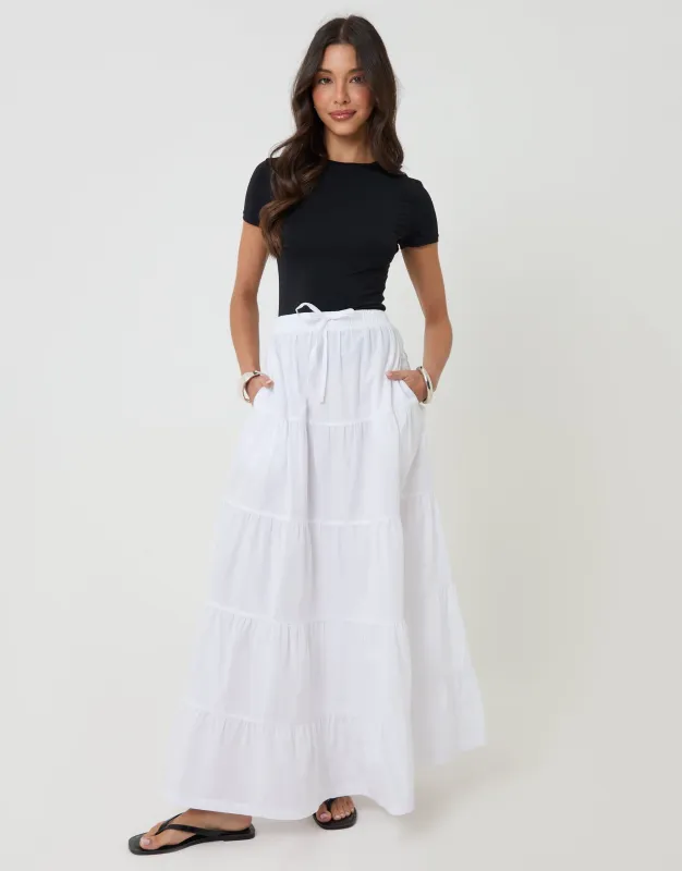 White Cotton Tiered Maxi Skirt made by Threadbare