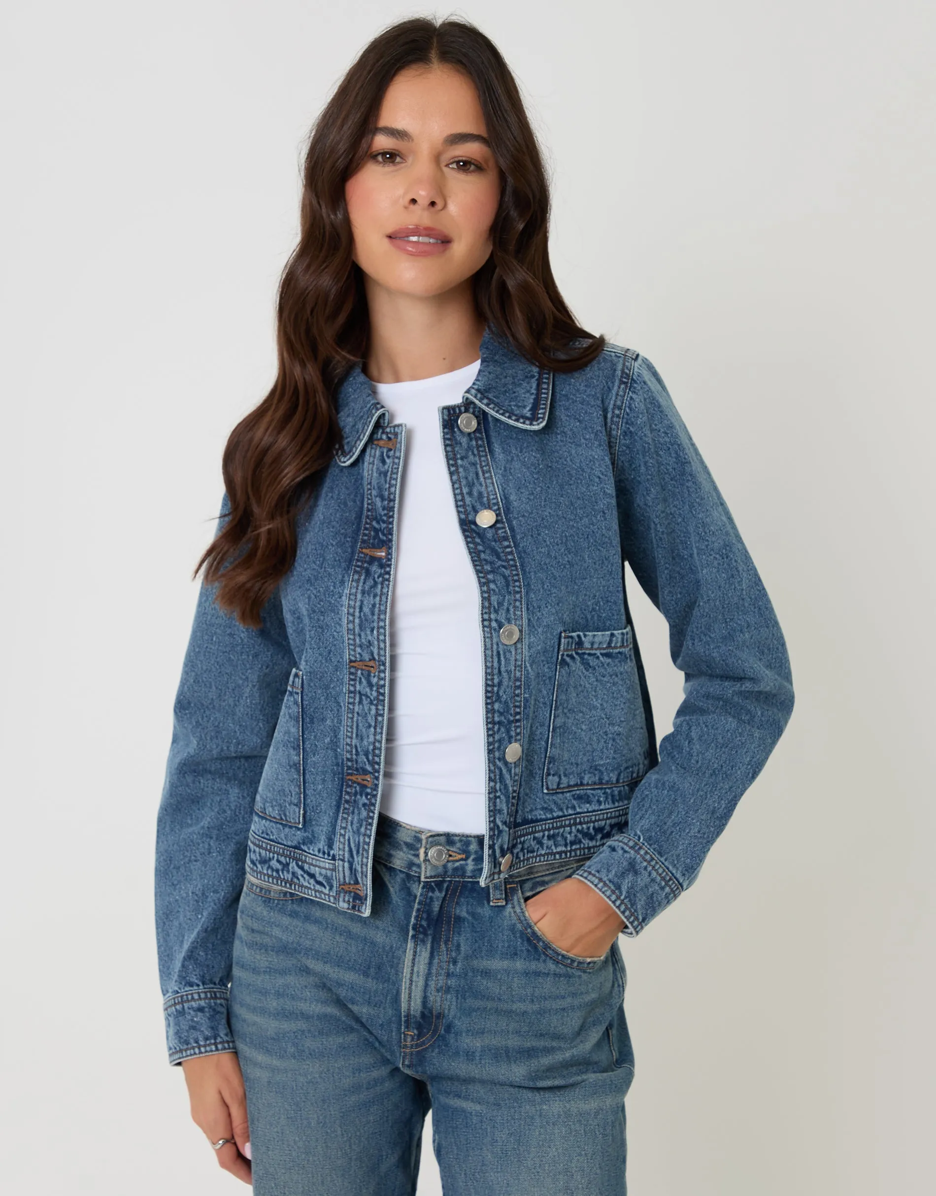 Mid Wash Denim Jacket with Patch Pockets sold by Threadbare