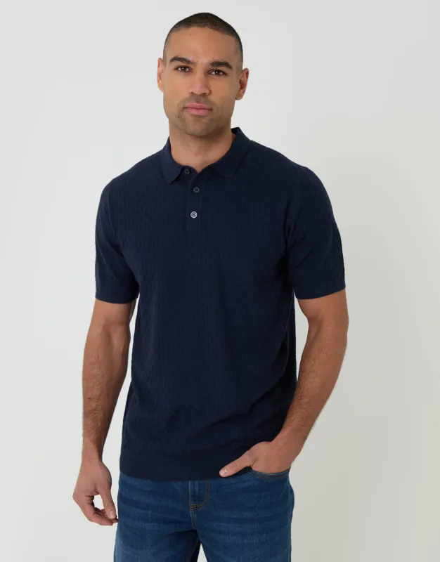 Navy Basket Stitch Knitted Polo made by Threadbare